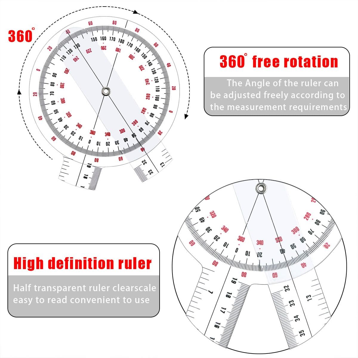Goniometer 12 inch, Transparent Orthopedic Angle Ruler Plastic Goniometer, 360