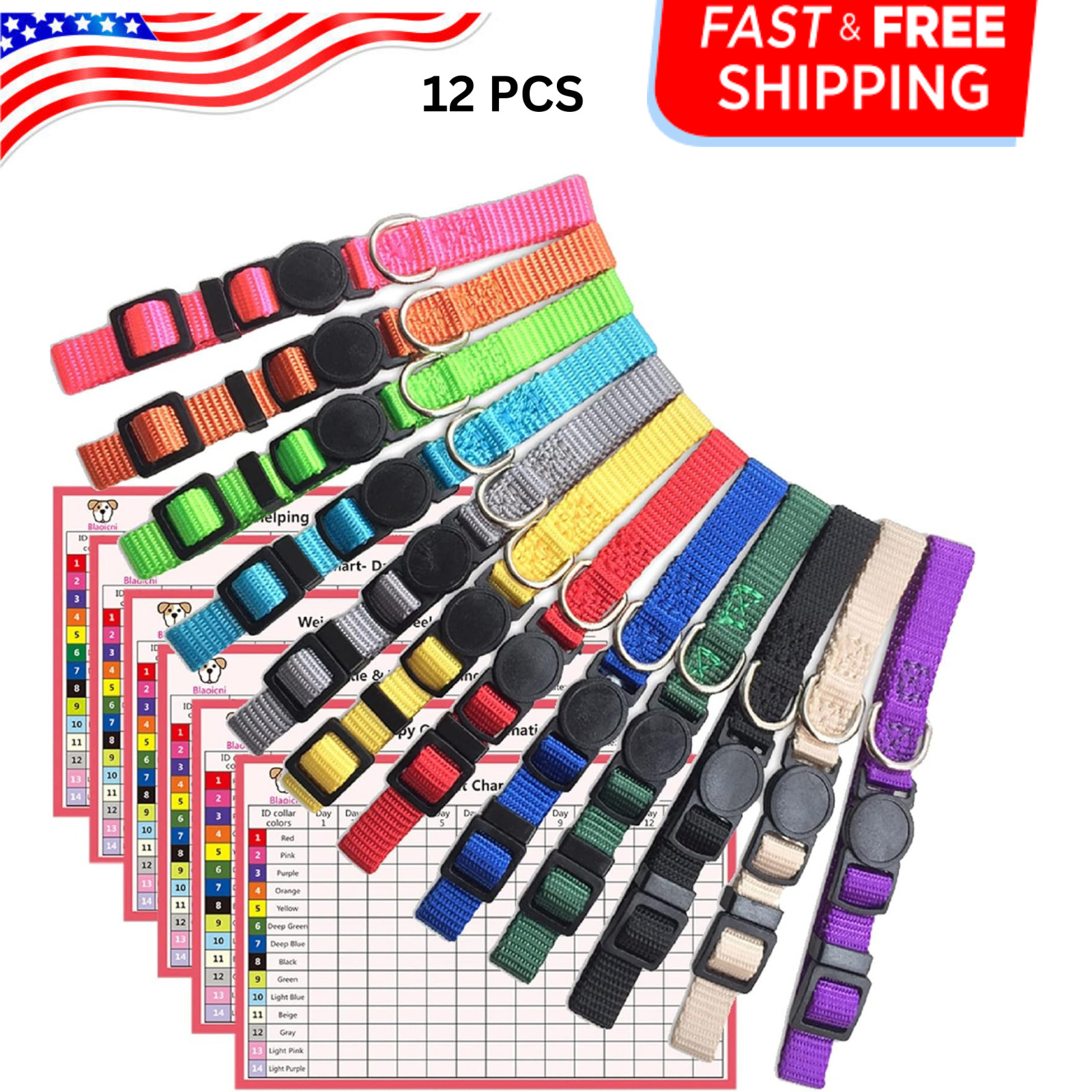 12 Pcs/Set Soft Nylon Puppy ID Collar Adjustable Whelping Breakaway Litter New