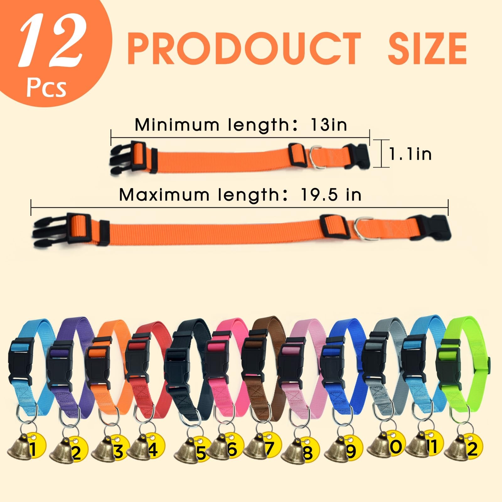ETCYAOXIN 12-Pack Goat Collars with Bells and Numbered Multicolor