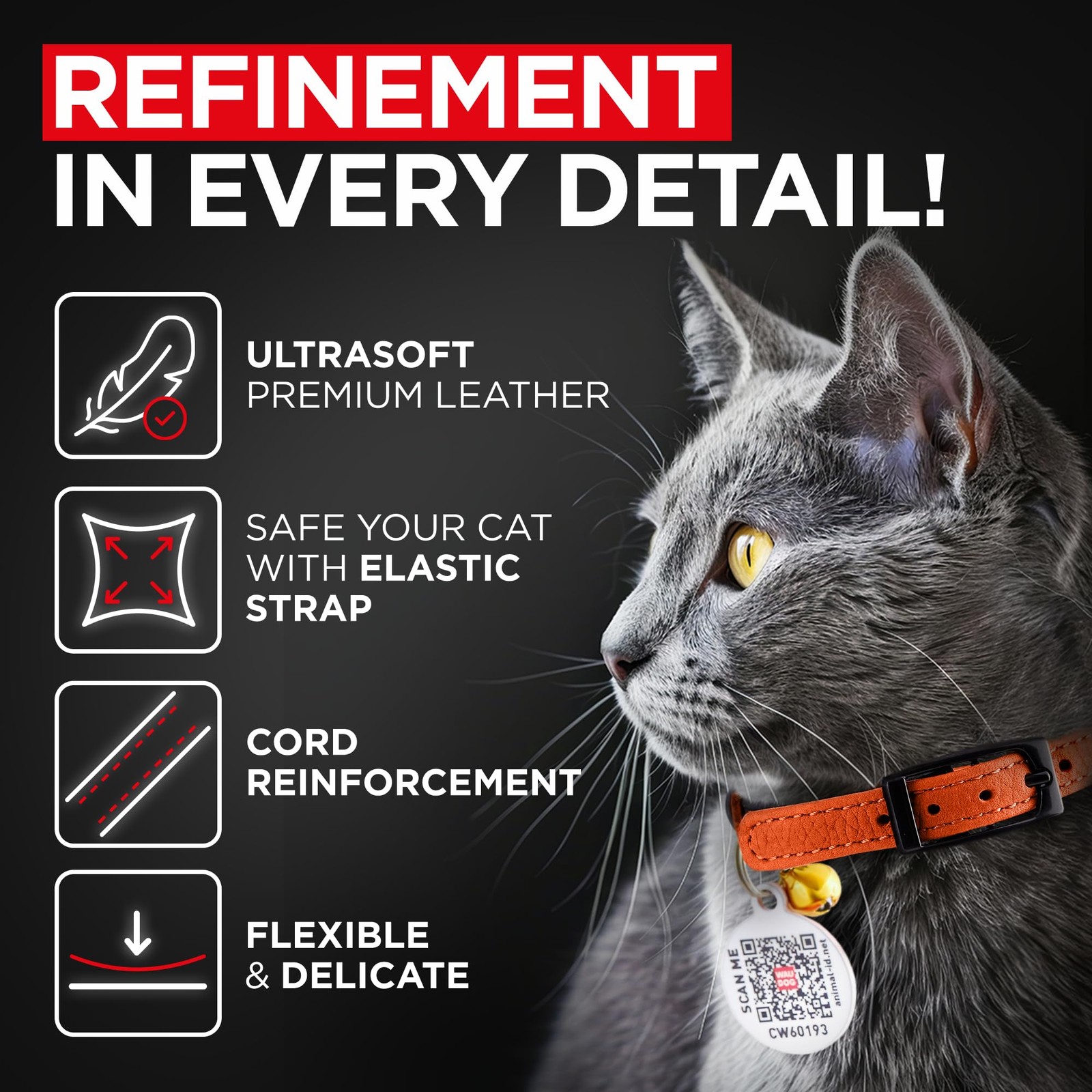 Leather Cat Collar with Bell and Safety Elastic Strap Breakaway Alternative f…