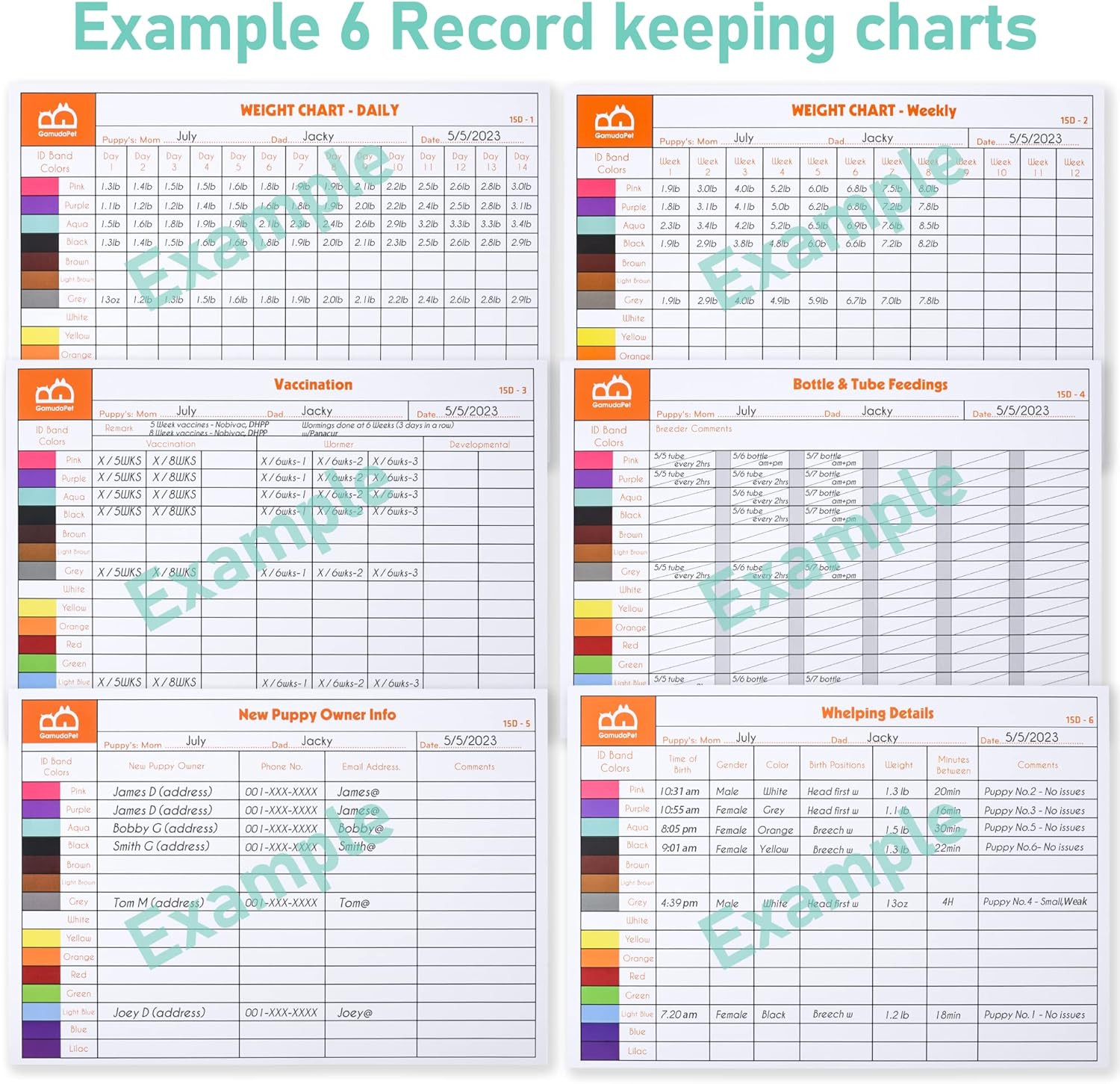 Newborn Puppy Collars, Record Keeping Charts, Super Soft Nylon Whelping Puppy Co