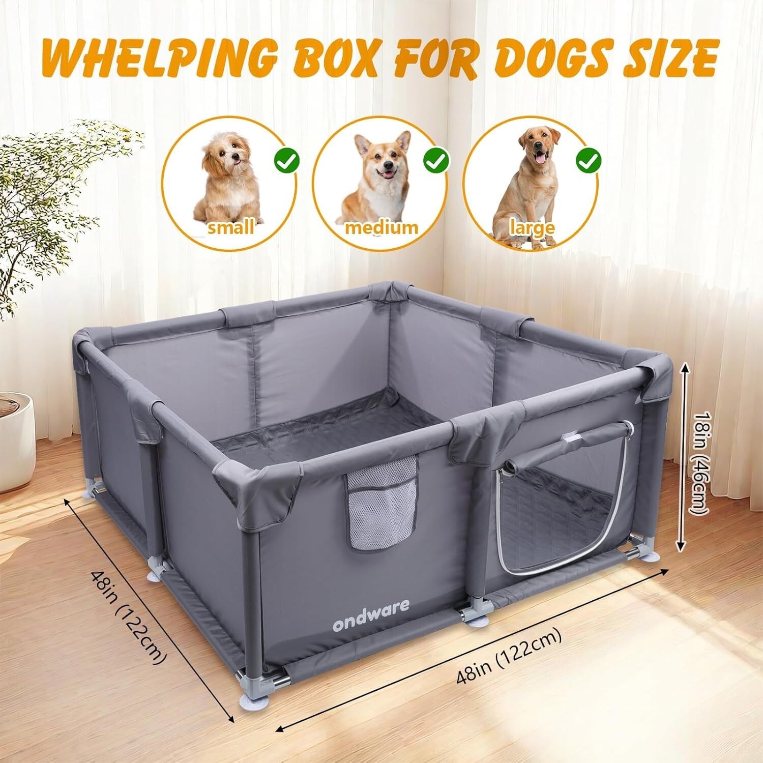Dog Whelping Box 48 x 48 x 18in with Urine Pad Dogs Puppies Soft & Breathable
