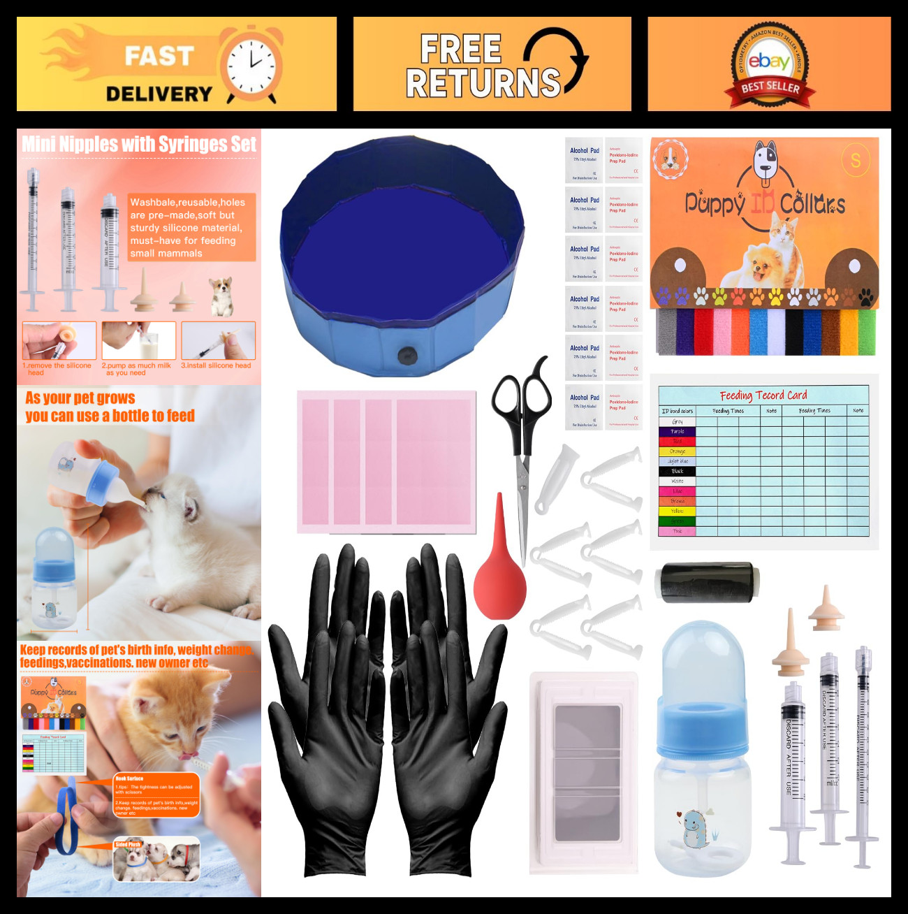 Whelping Kit for Puppies & Kittens – Birthing Supplies, Feeding Set & Collars