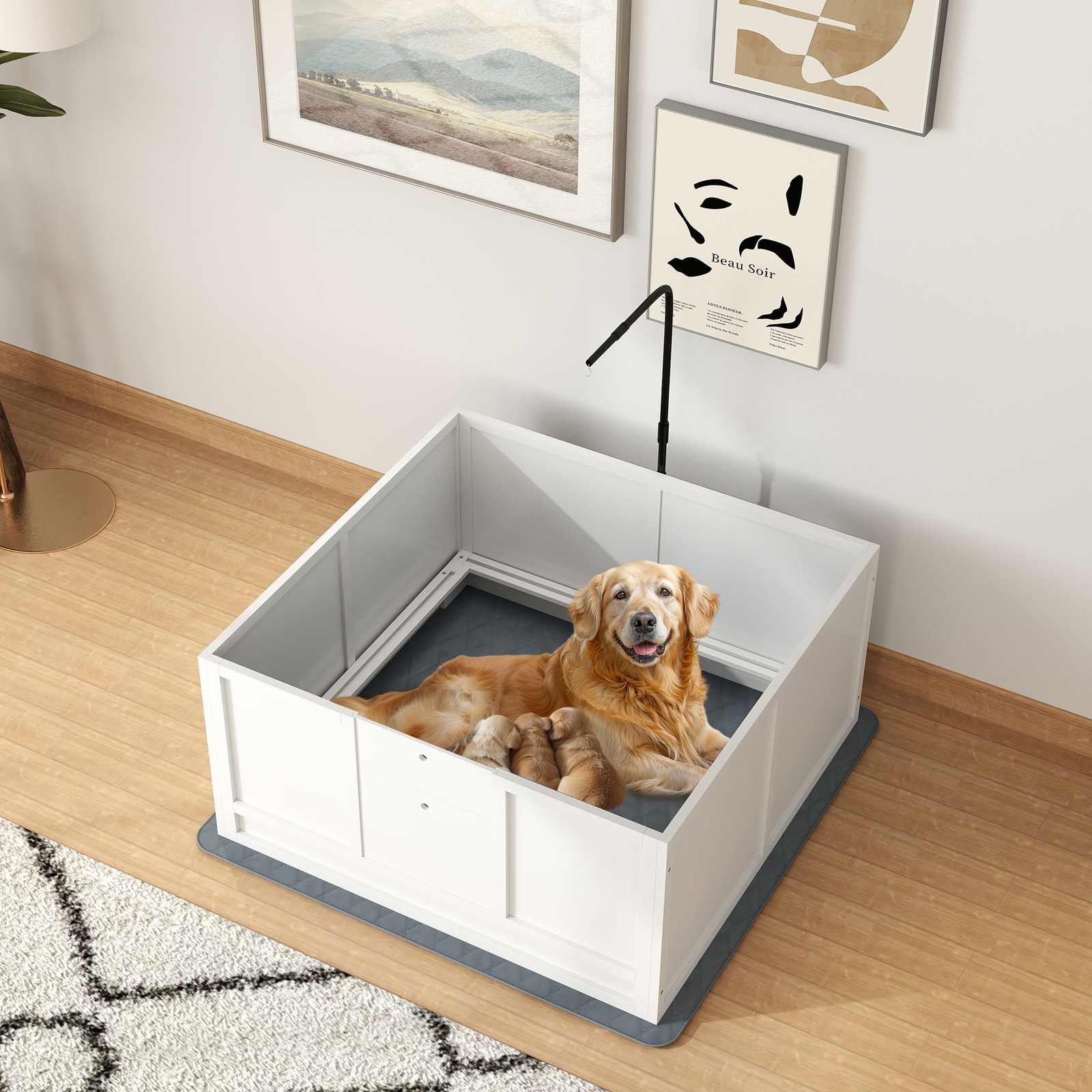 Whelping Box for Dogs with Pee Pad, Pig Rail, 41″ x 39″