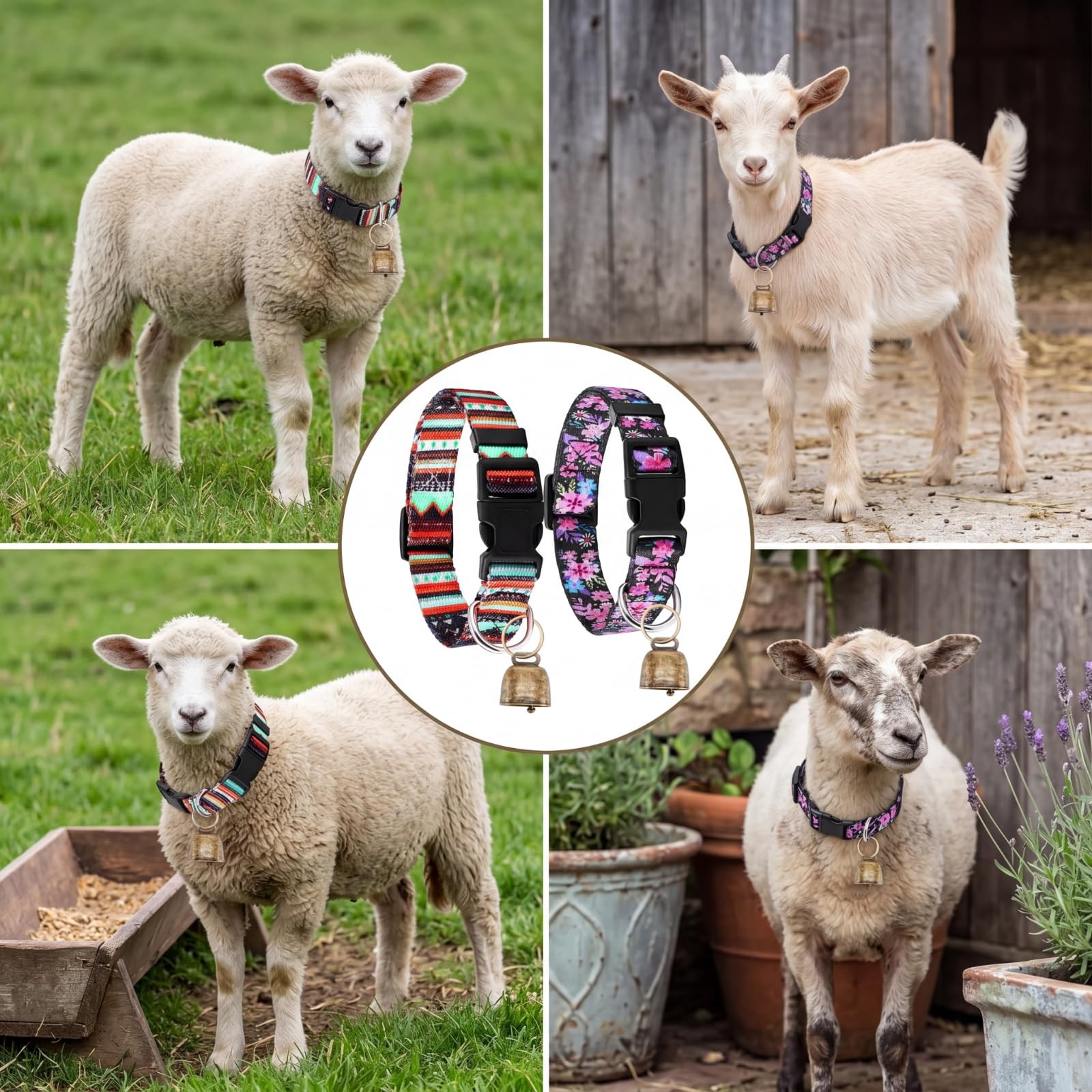 2 Pack Goat Collars w Bells Sheep Grazing Loud Bronze Bell Adjustable Nylon Farm