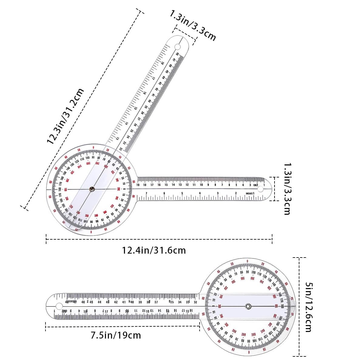 Goniometer 12 inch, Transparent Orthopedic Angle Ruler Plastic Goniometer, 360