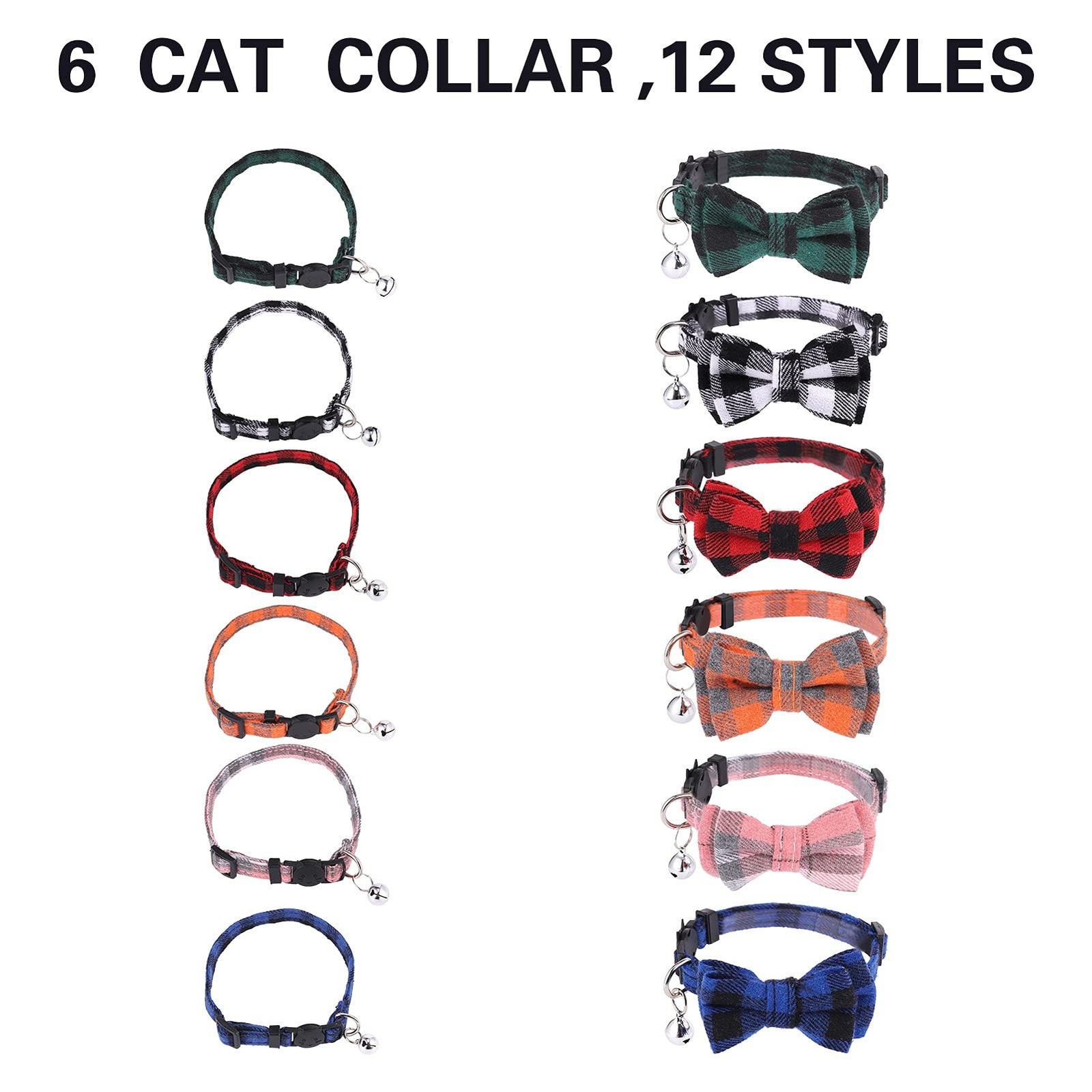 DragonflyDreams 6 PCS Cat Collars with Bow Tie and Bell,Cat Collars Plaid,Bre…
