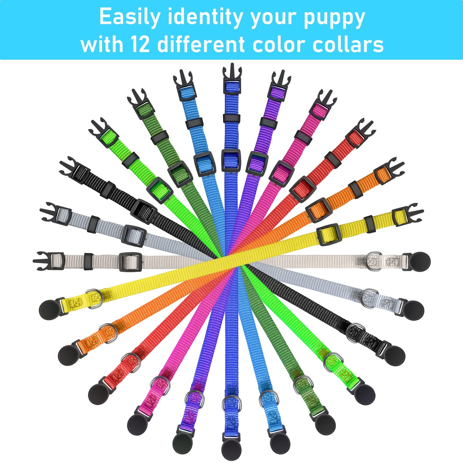 Adjustable Puppy ID Collars Set of 12 – Soft Nylon Whelping Litter Colors