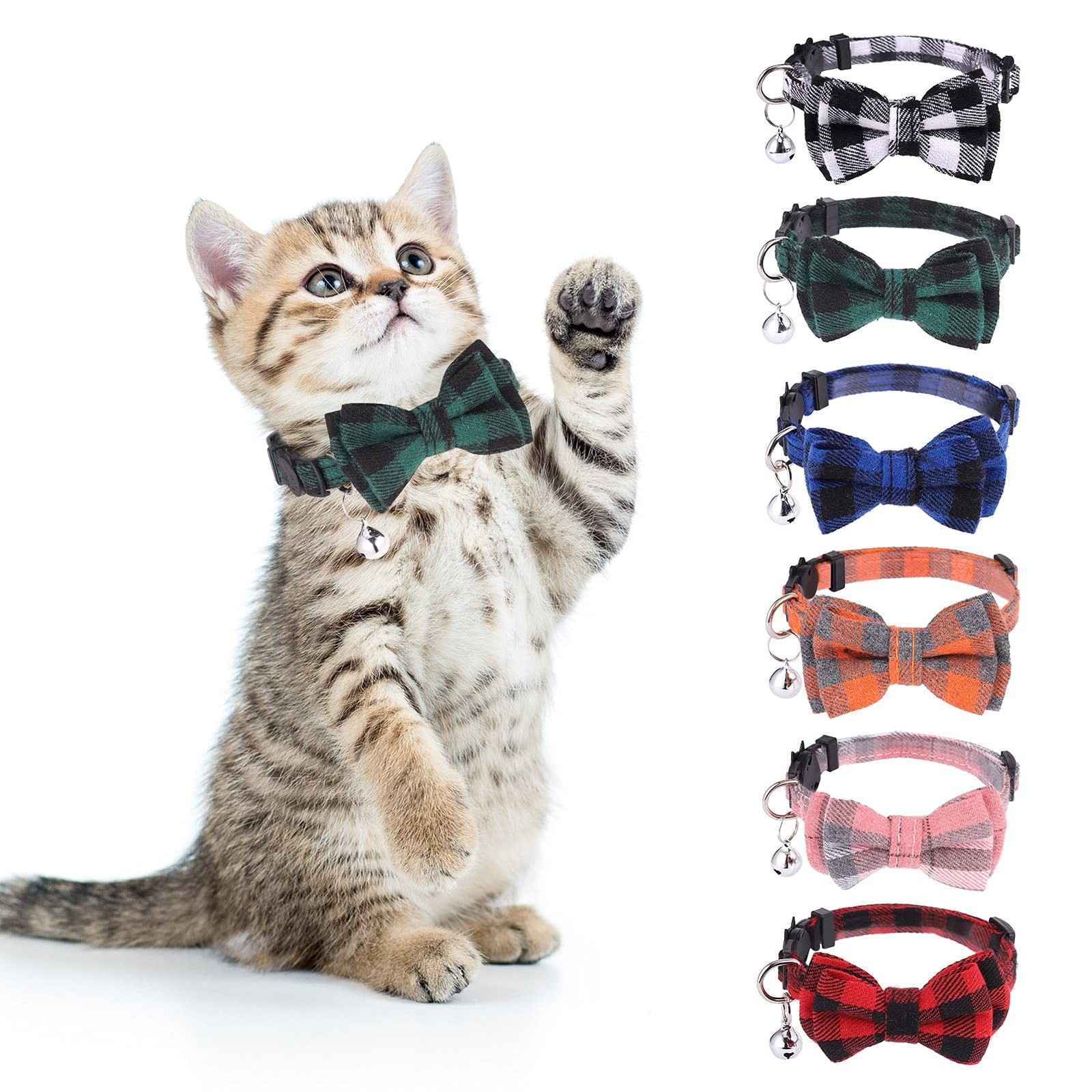 DragonflyDreams 6 PCS Cat Collars with Bow Tie and Bell,Cat Collars Plaid,Bre…