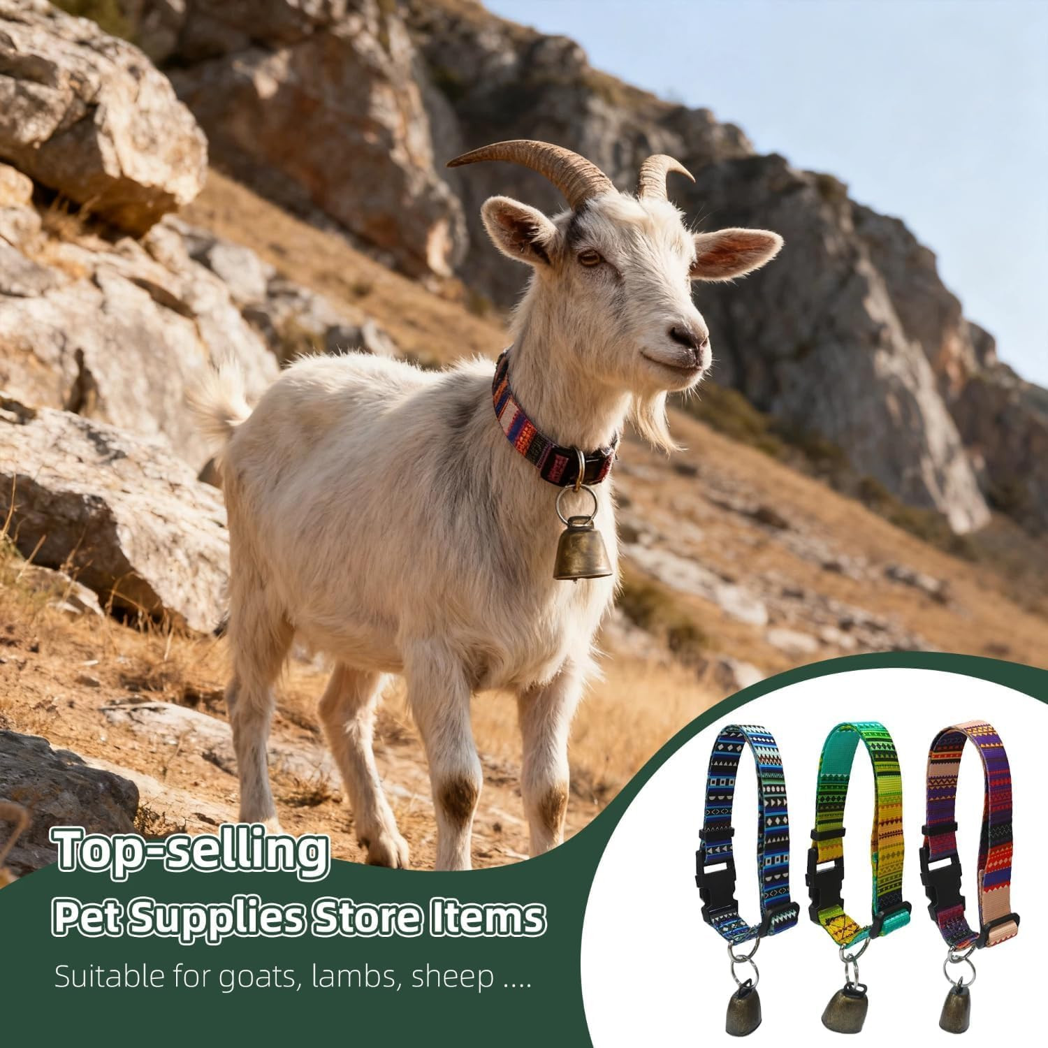Goat Collars and Bells，Durable Nylon Adjustable Collar for Farm Animals, Sheep,