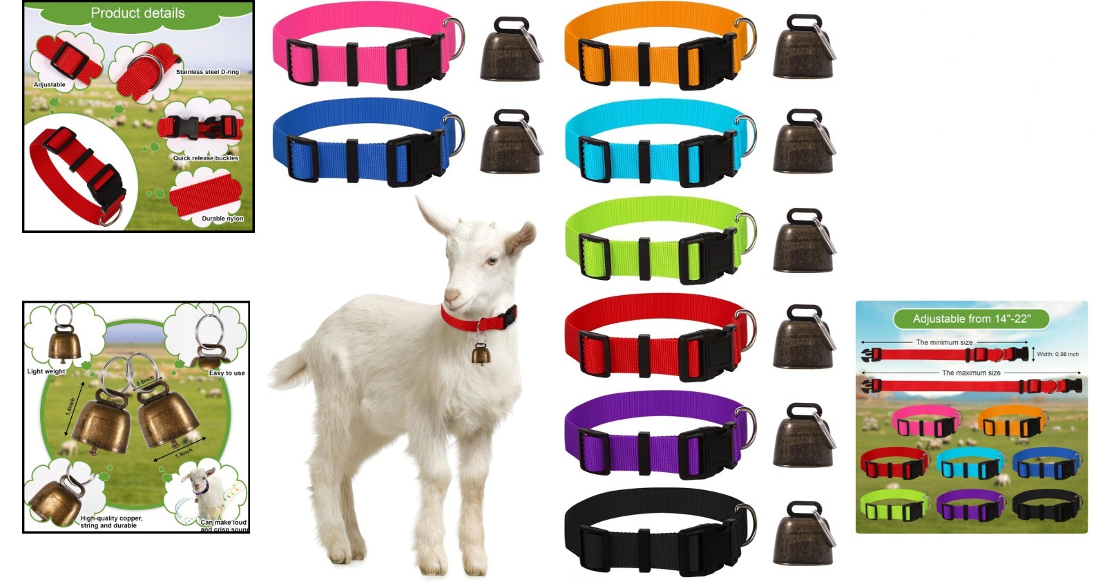 8 Pack Goat Adjustable Nylon Collars with Grazing Copper Bells