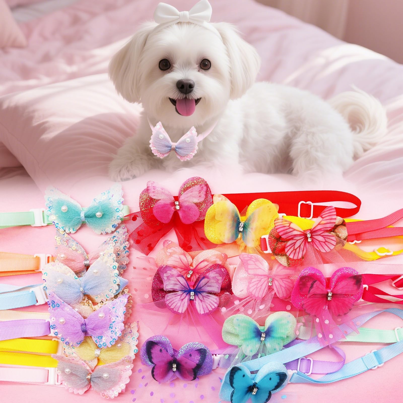 20Pcs Lace Pearl Dog Collars, Adjustable Butterfly Bowtie Pet Collars for Sma…