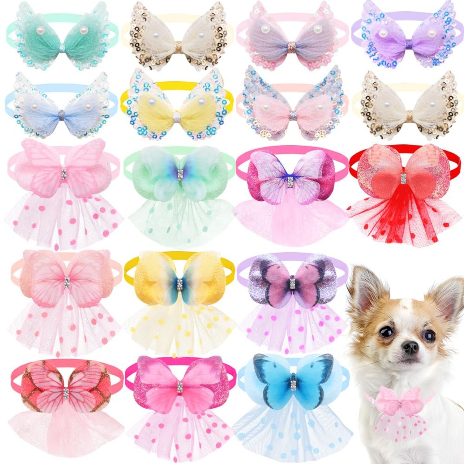 20Pcs Lace Pearl Dog Collars, Adjustable Butterfly Bowtie Pet Collars for Sma…