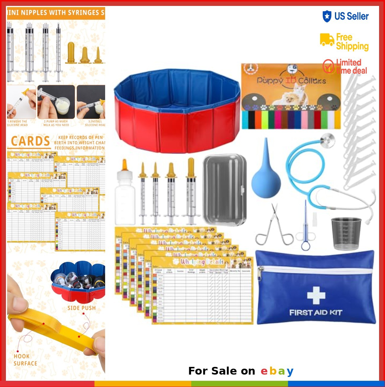 Puppy Kitten Whelping Kit 57 Pieces 24 Inch Birthing Box Feeding Tubes Collars