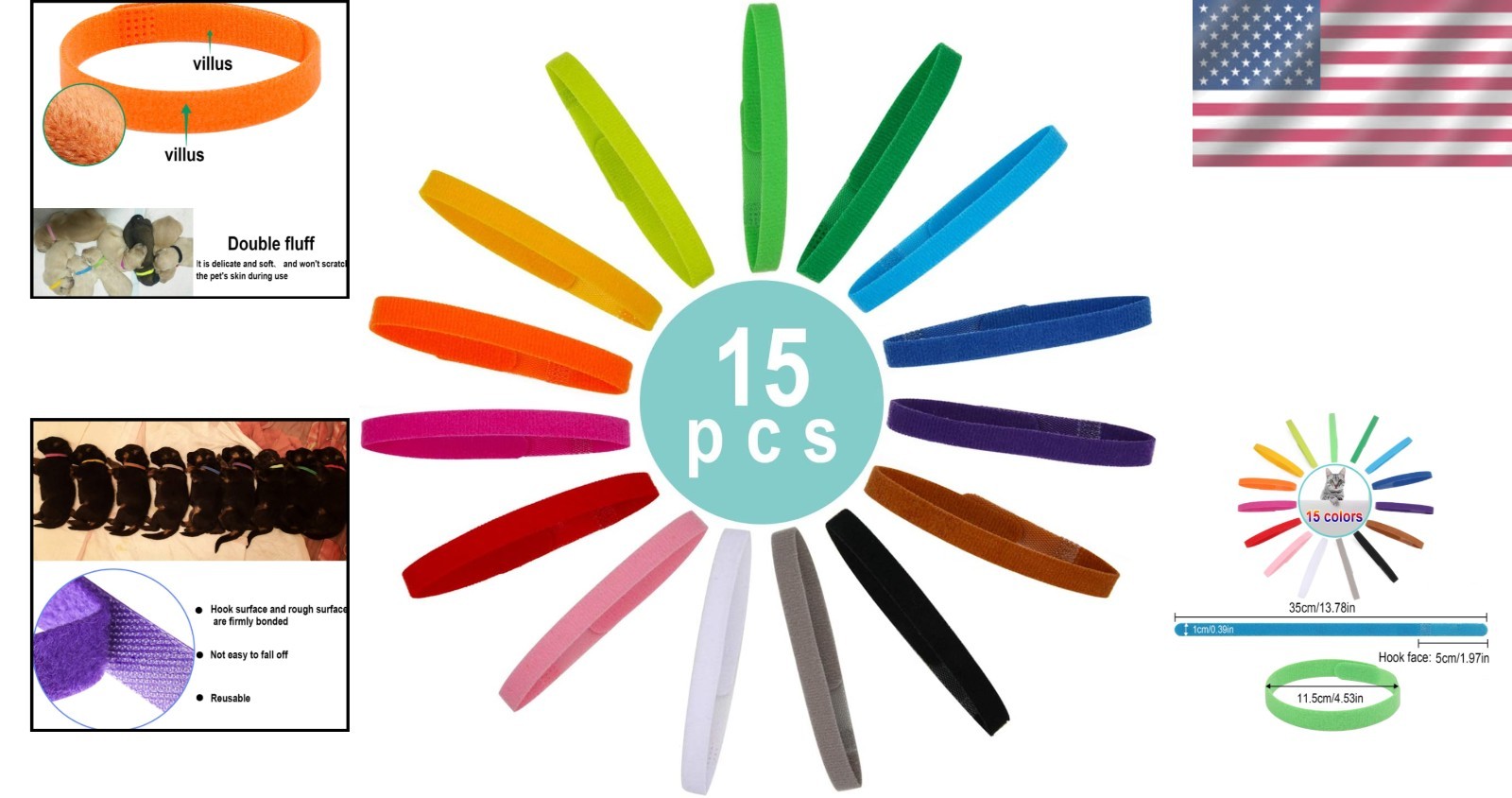 Adjustable Puppy ID Bands with Double-Sided Fluff for Newborn Pets in 15 Colors