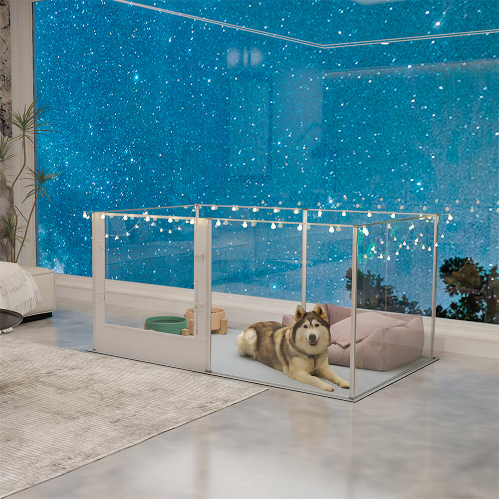 3 In 1 Pet Fence Tall Dog Whelping Playpen Box Clear Acrylic Kennel Crate w/ Pad