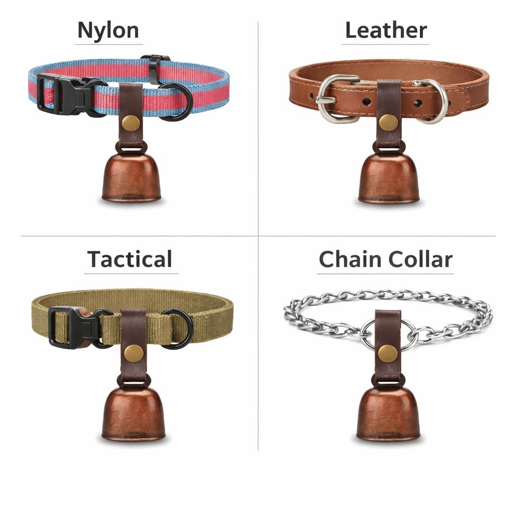 kcrygogo Leather Dog Collar Bell with Quick-Release Snap Buttons 2mm, Silver