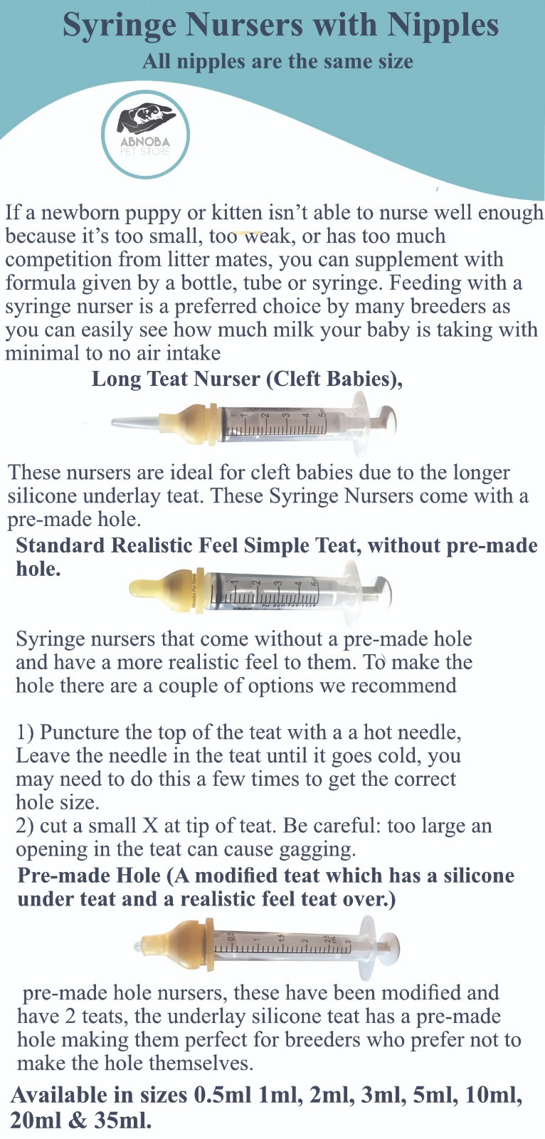 Syringe Milk Nursers with / without pre-made Hole All Size Puppy Kitten Whelping