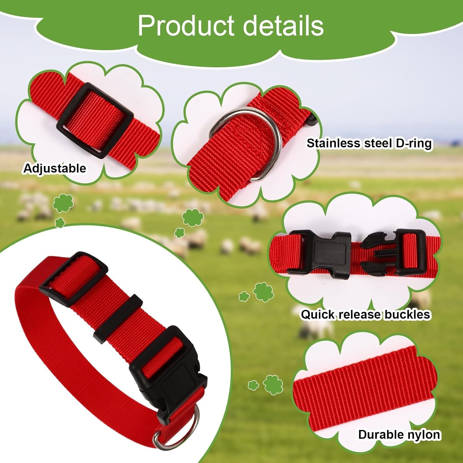 8 Pack Goat Adjustable Nylon Collars with Grazing Copper Bells