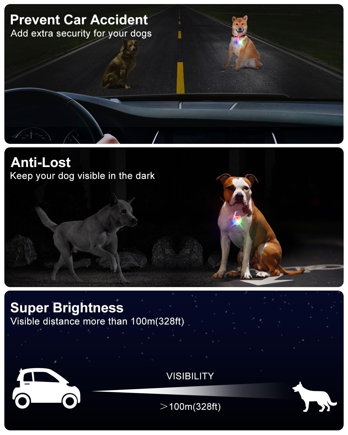 2 Pack Dog Collar Light, Rechargeable Lights for Night Walking E, White