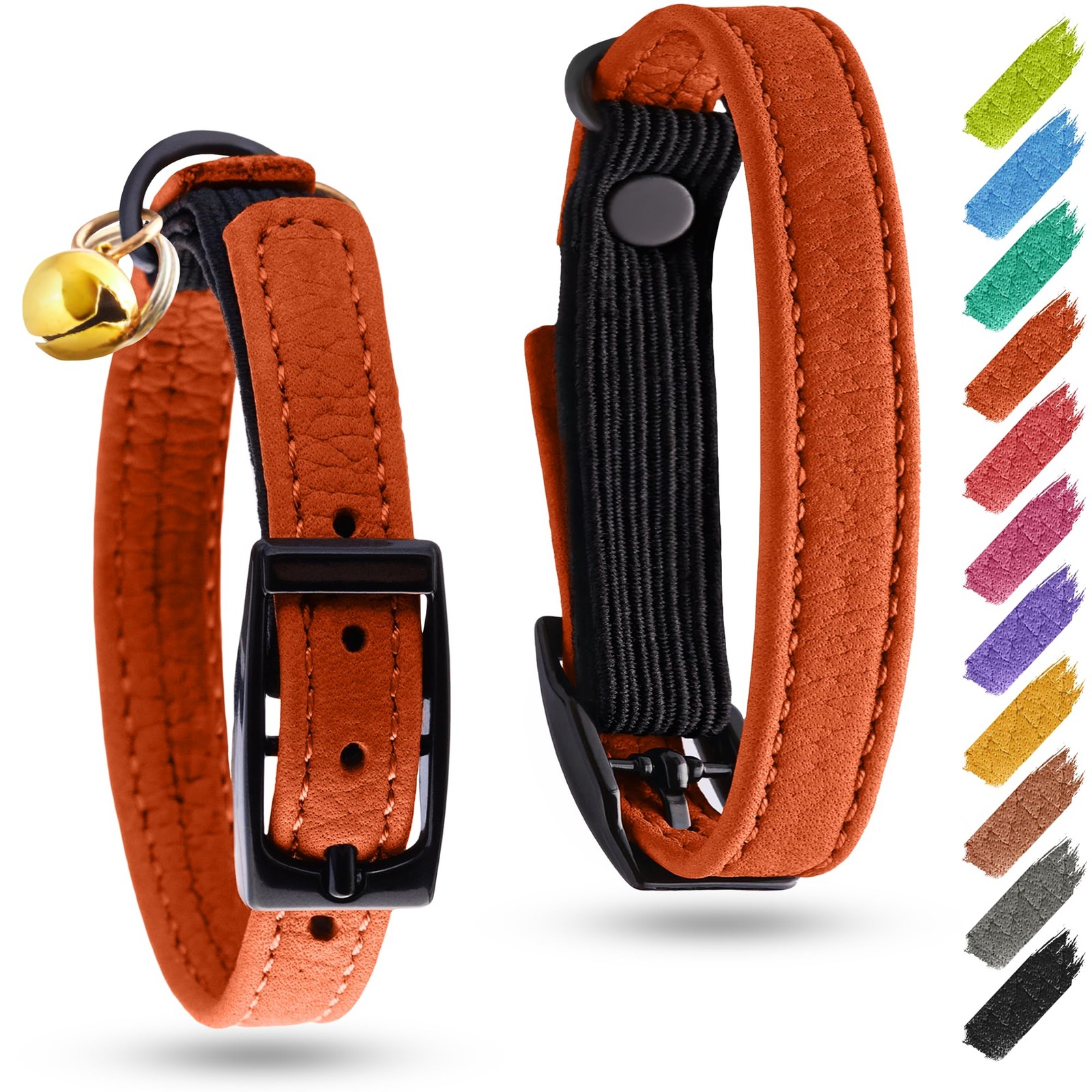 Leather Cat Collar with Bell and Safety Elastic Strap Breakaway Alternative f…