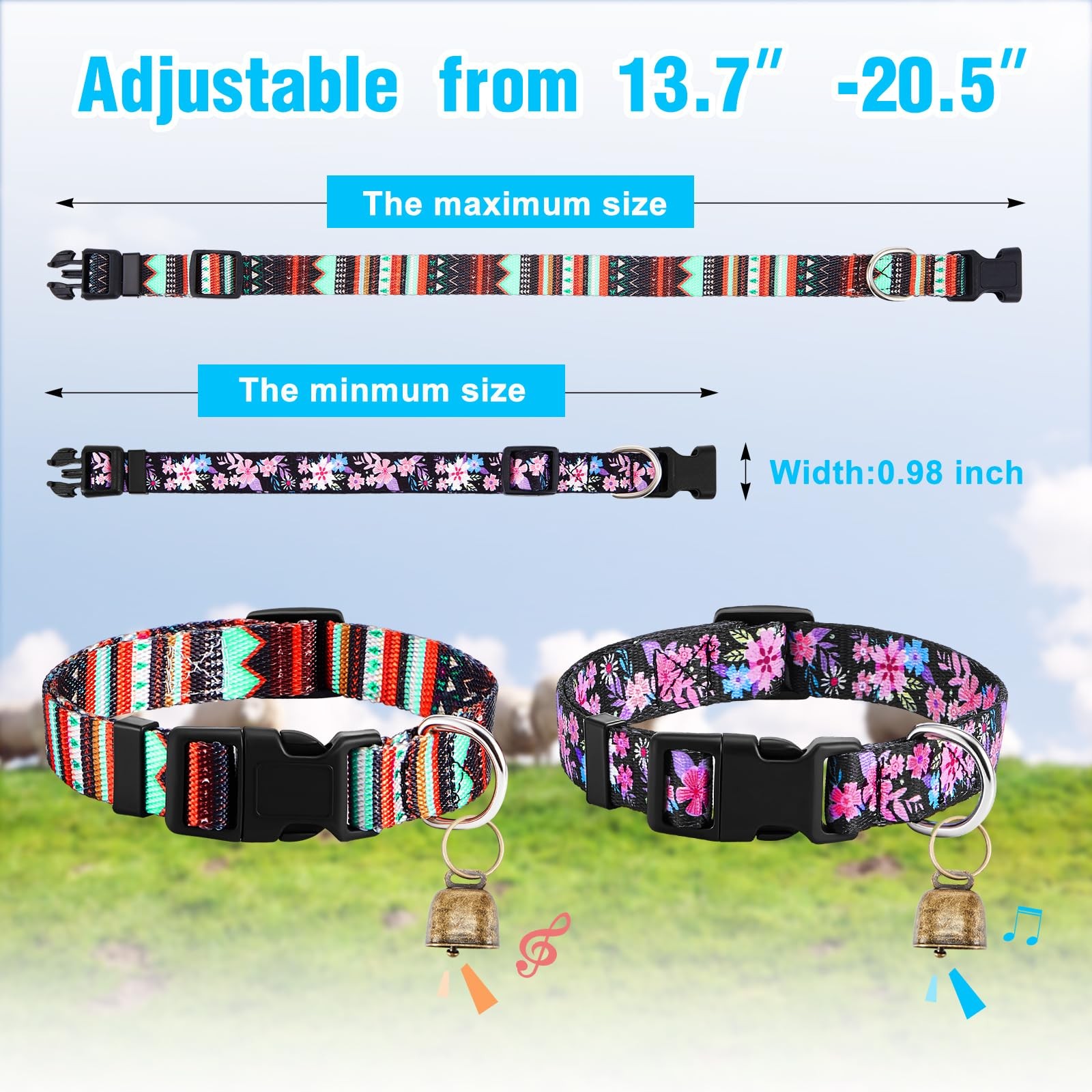 2 Pack Goat Collars w Bells Sheep Grazing Loud Bronze Bell Adjustable Nylon Farm