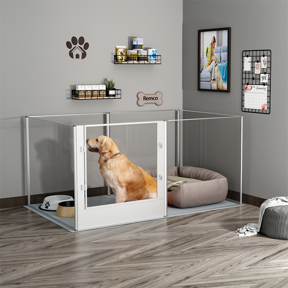 3 In 1 Pet Fence Tall Dog Whelping Playpen Box Clear Acrylic Kennel Crate w/ Pad