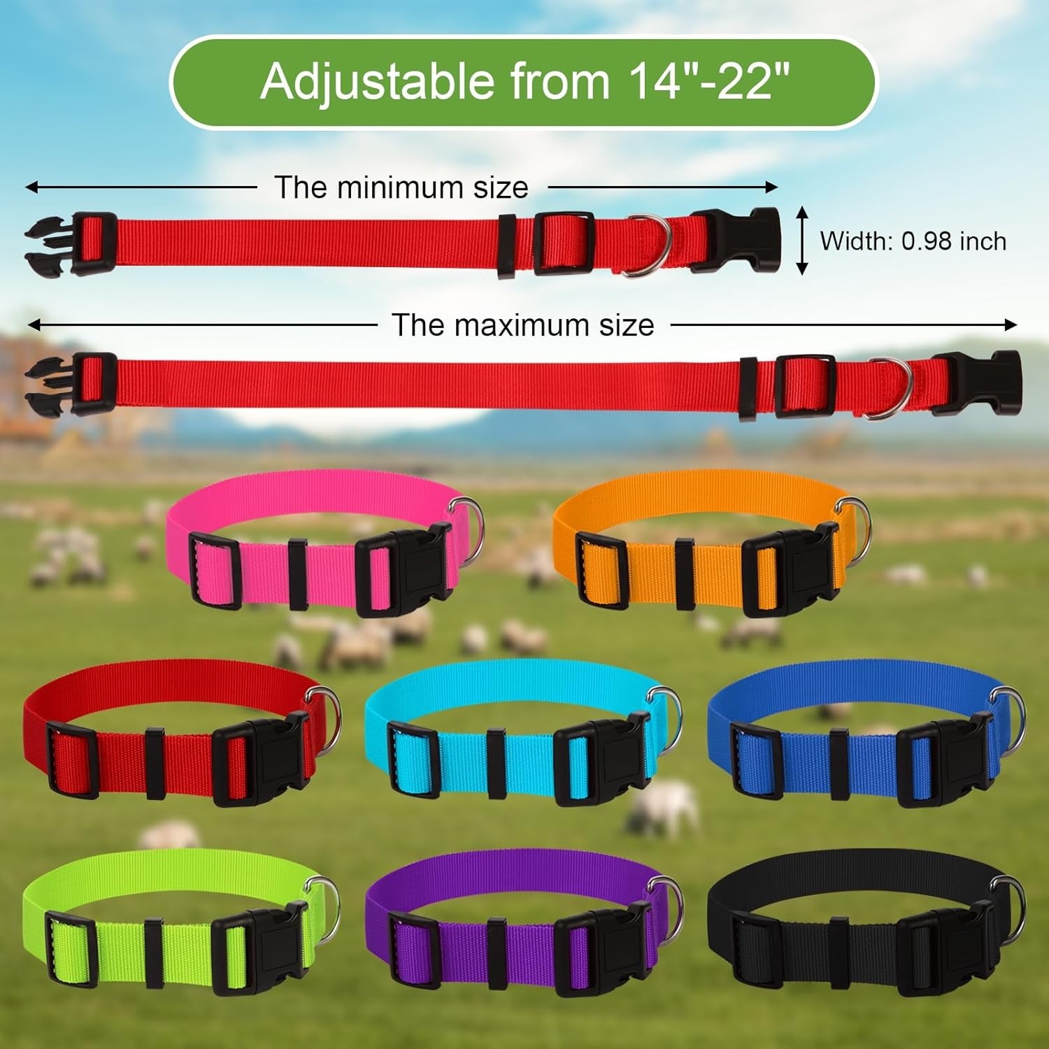 8 Pack Goat Adjustable Nylon Collars with Grazing Copper Bells