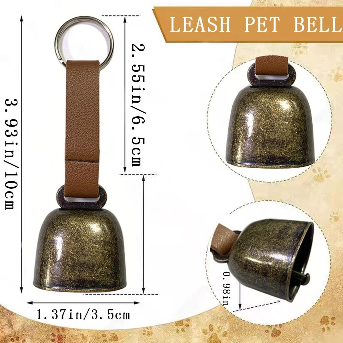 4 PCS Loud Bear Bells with Leather Button Strap Dog Collar Bell 3.4in, brown
