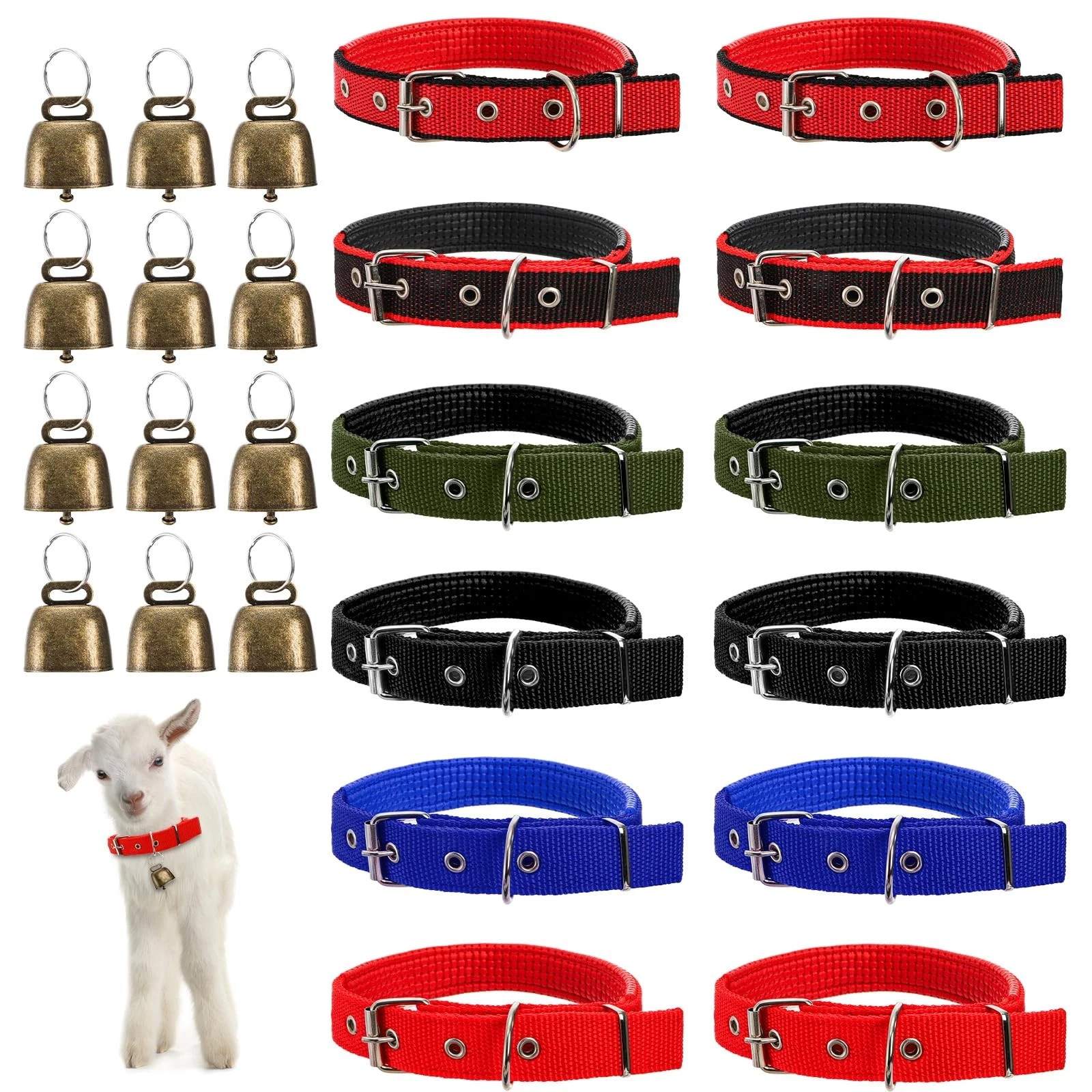 12 Pack Goat Collars with Bells, Adjustable Nylon Sheep Collar with Anti-Lost