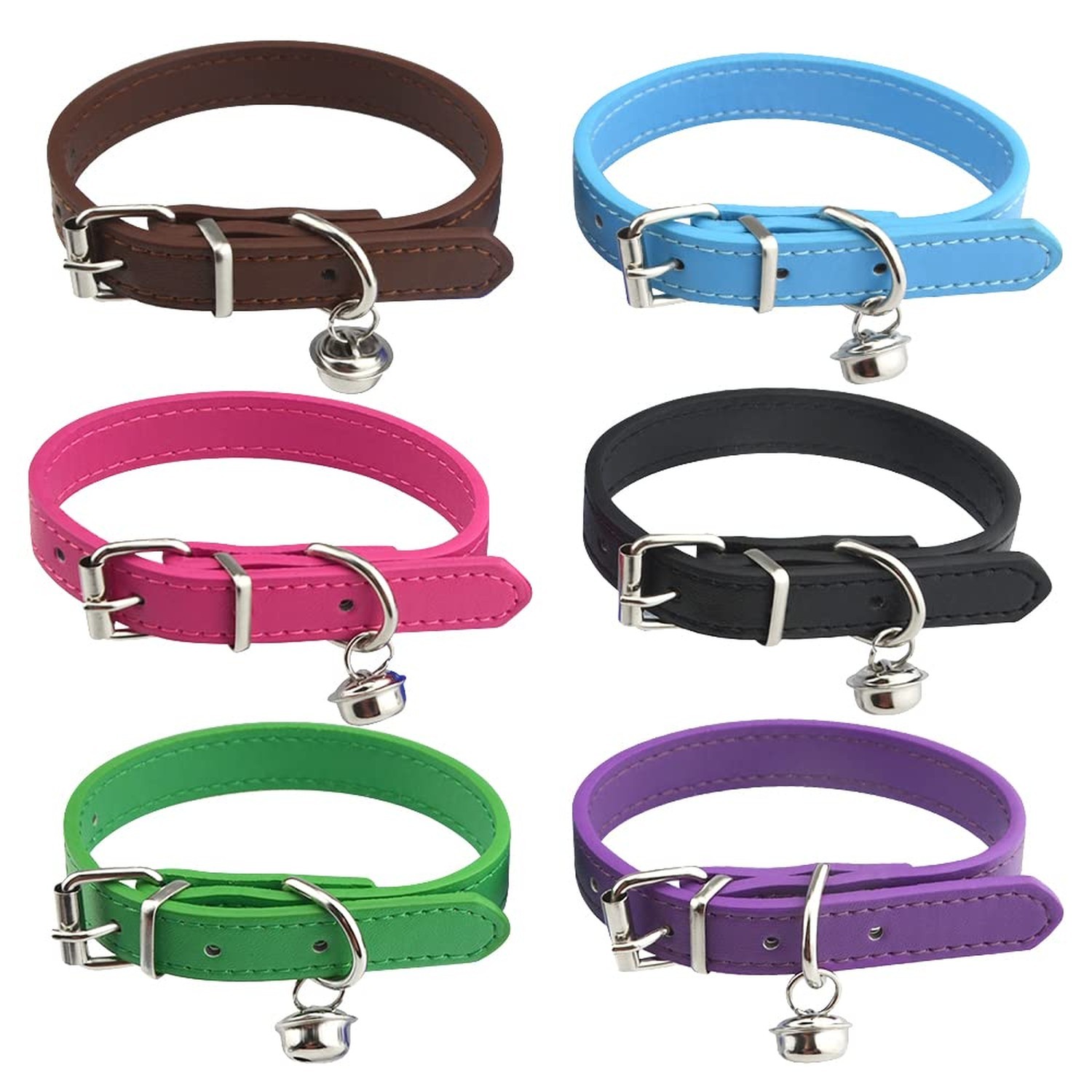 6Pcs Leather Pet Collars with Bell Adjustable 20-28cm Soft Identification Lea…