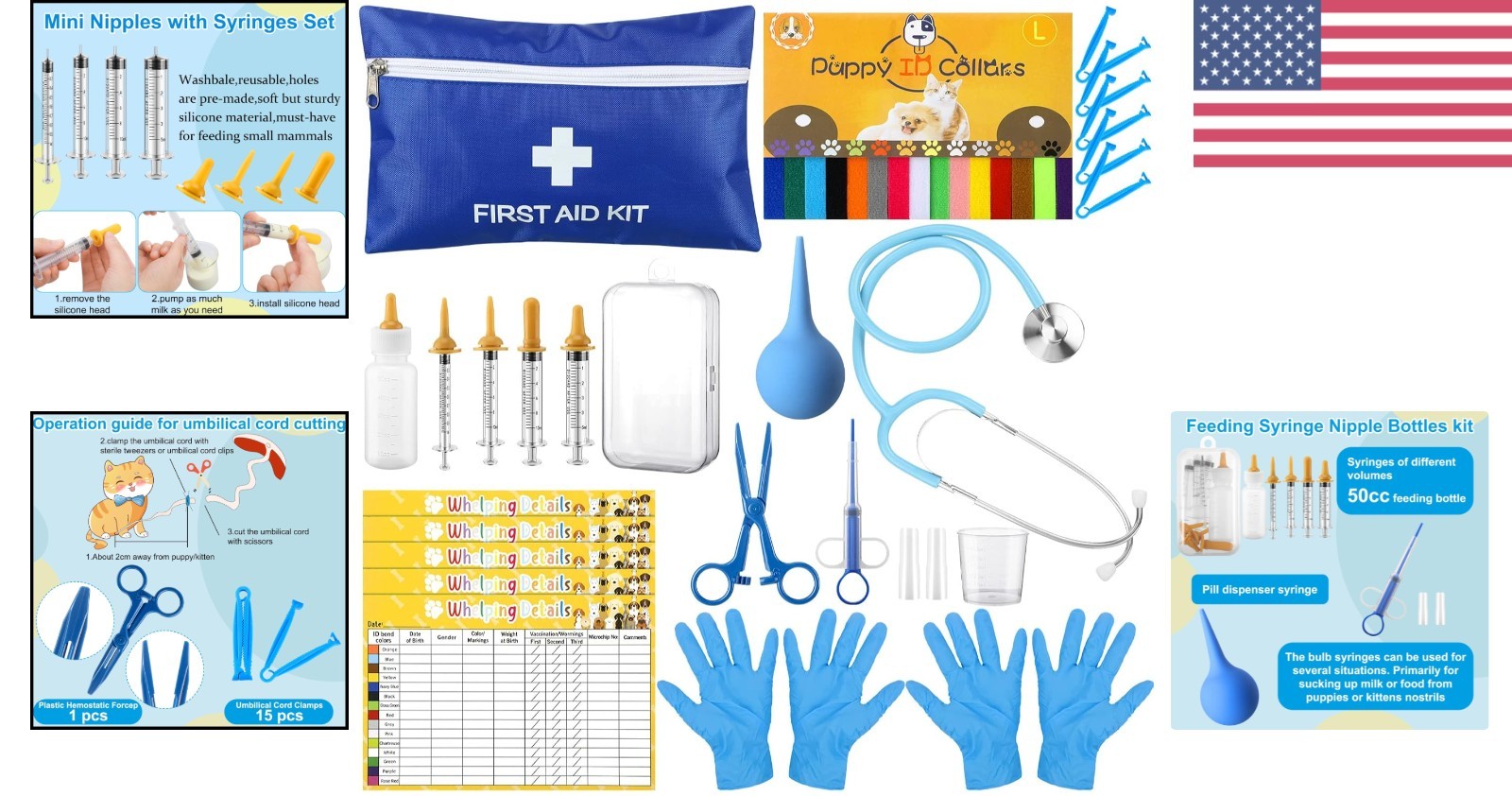 Puppy Whelping Supplies Kit 48 Pcs Includes Feeding Tubes, Collars, Aspirator