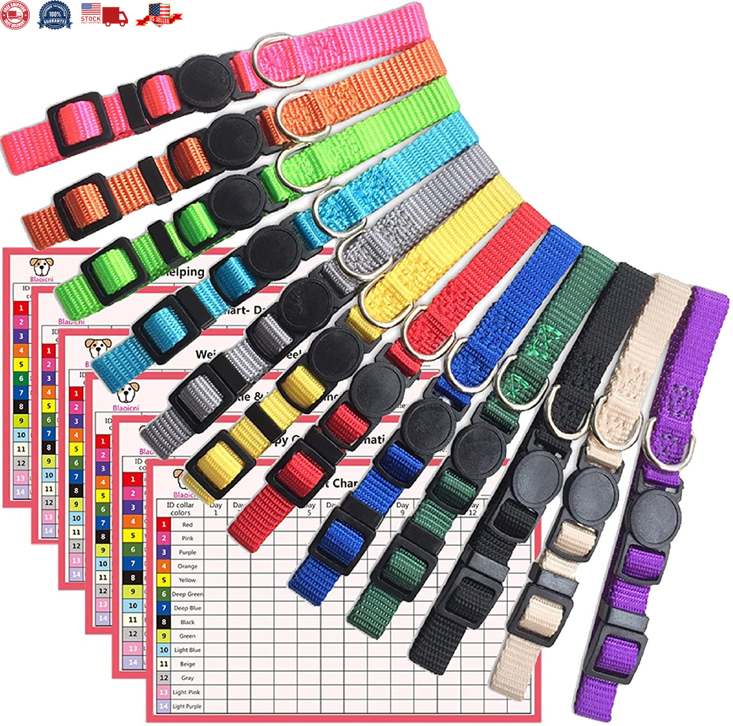 12 Pcs/Set Soft Nylon Puppy ID Collar Adjustable Whelping Breakaway Litter New