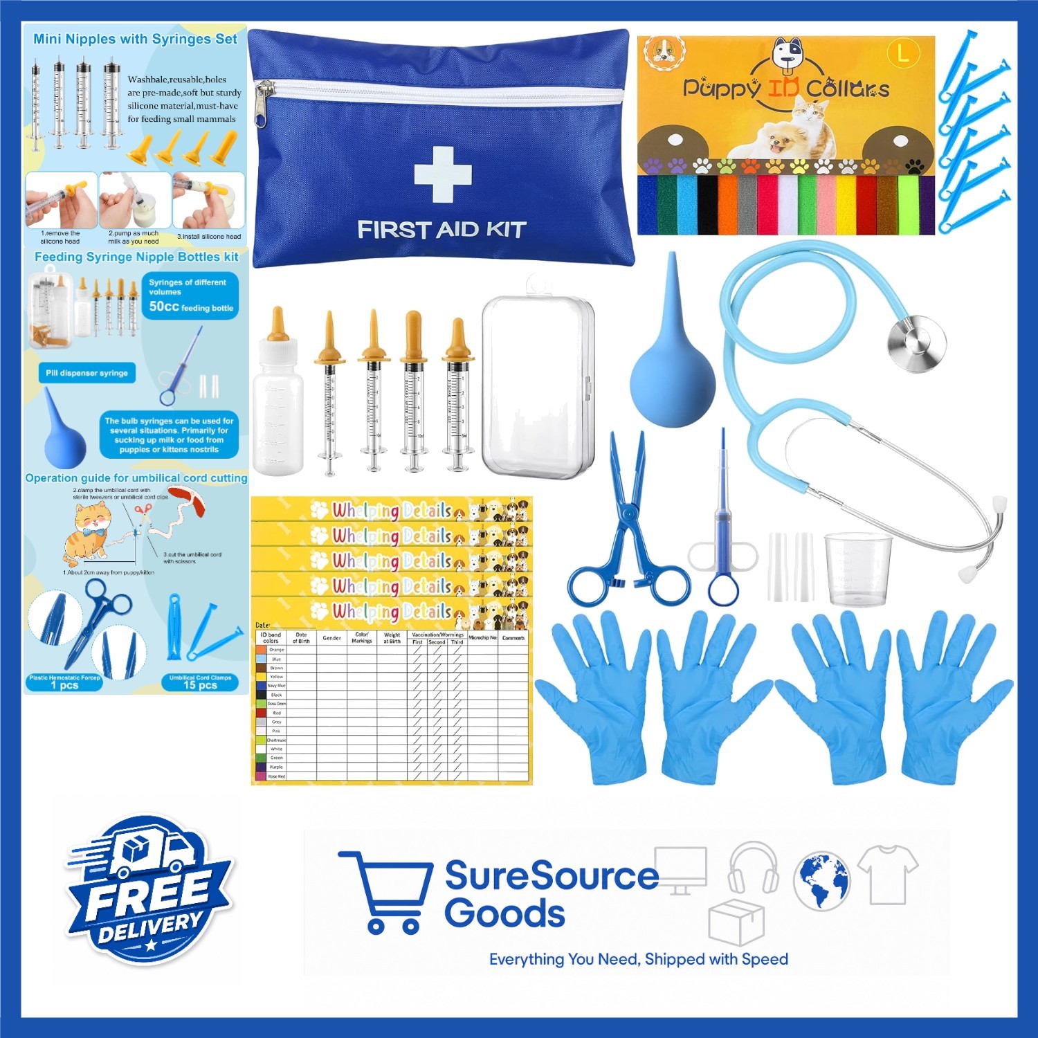 Puppy Whelping Supplies Kit 48 Pcs Includes Feeding Tubes, Collars, Aspirator