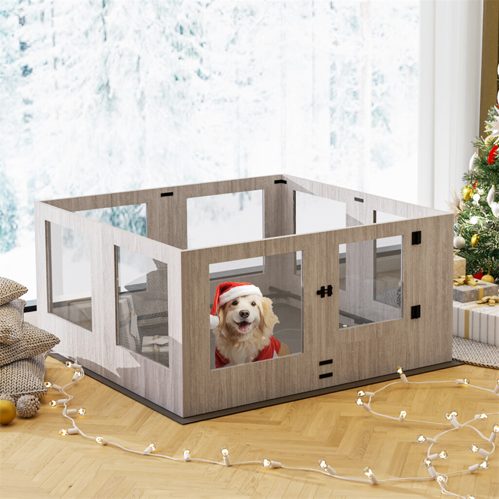 Innovative Tempered Glass Dog Whelping Pen Box Portable Birth Fence w Door &Lock