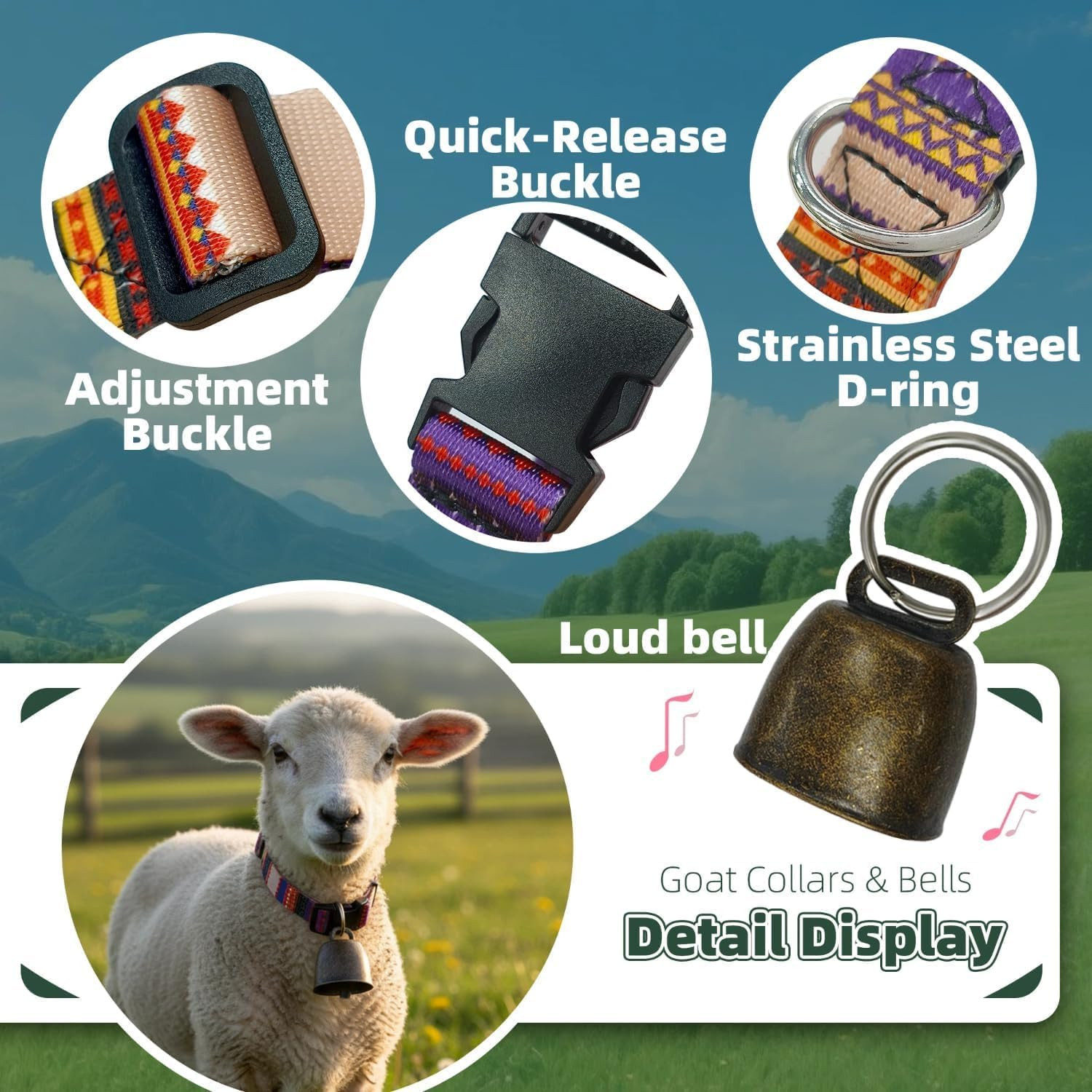 Goat Collars and Bells，Durable Nylon Adjustable Collar for Farm Animals, Sheep,