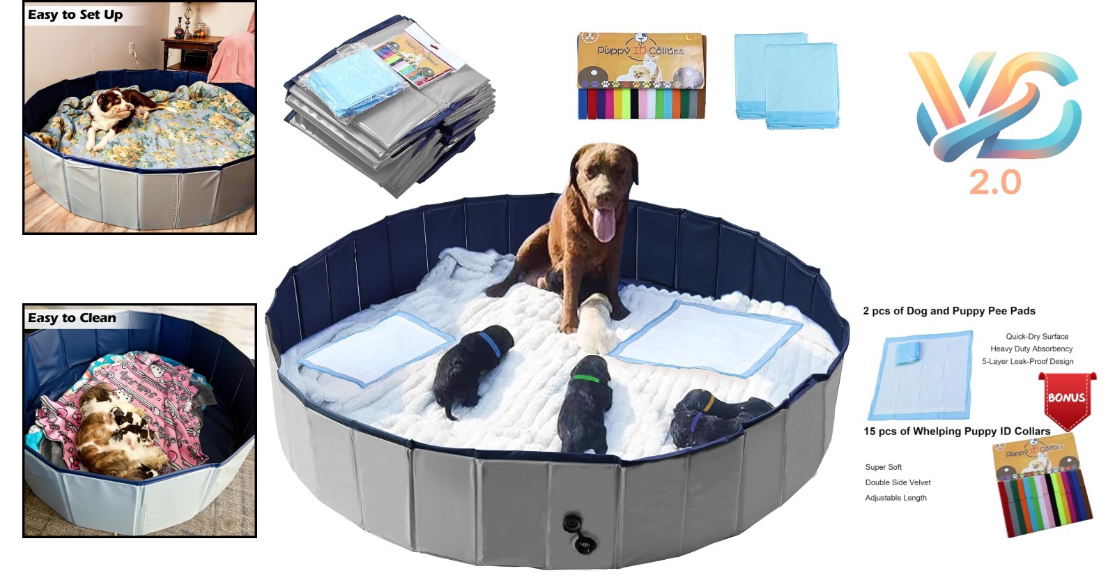 Grey 63″ Diameter Dog Whelping Box for Puppies – Heavy-Duty PVC Whelping Pen