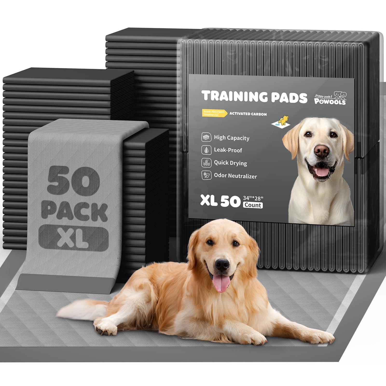 Powools Charcoal Puppy Pads – 50 Packs, 34″×28″ Ultra-Large Puppy Pads, Odo