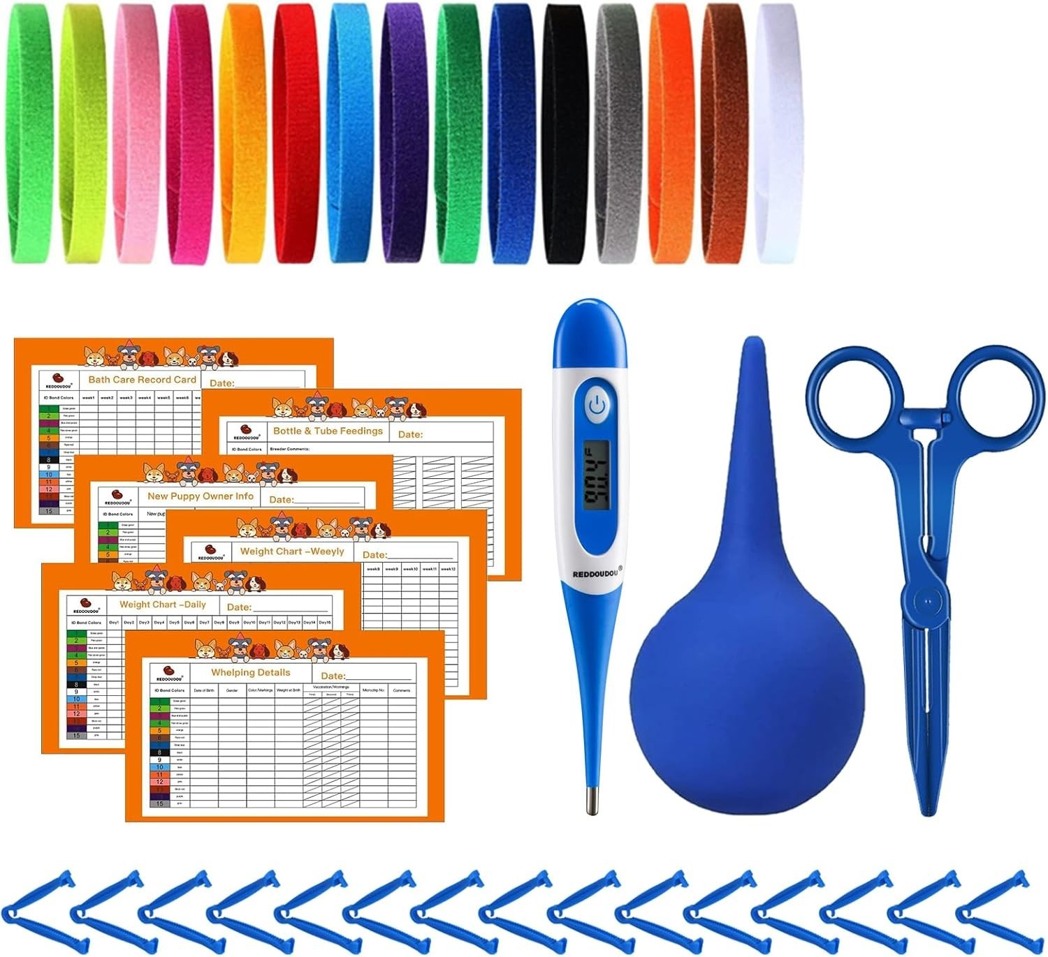 Complete Whelping Kit for Newborn Puppies and Kittens – 6 Charts & 15 ID Collars