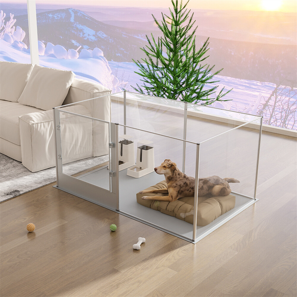 3 In 1 Pet Fence Tall Dog Whelping Playpen Box Clear Acrylic Kennel Crate w/ Pad