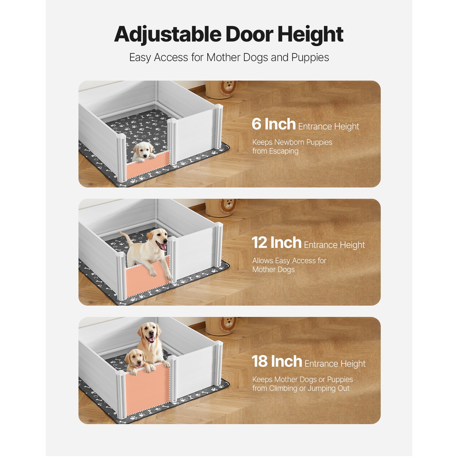 Dog Whelping Box 48 x 48 x 18.1 inch with Height Adjustable Door for Large Dogs