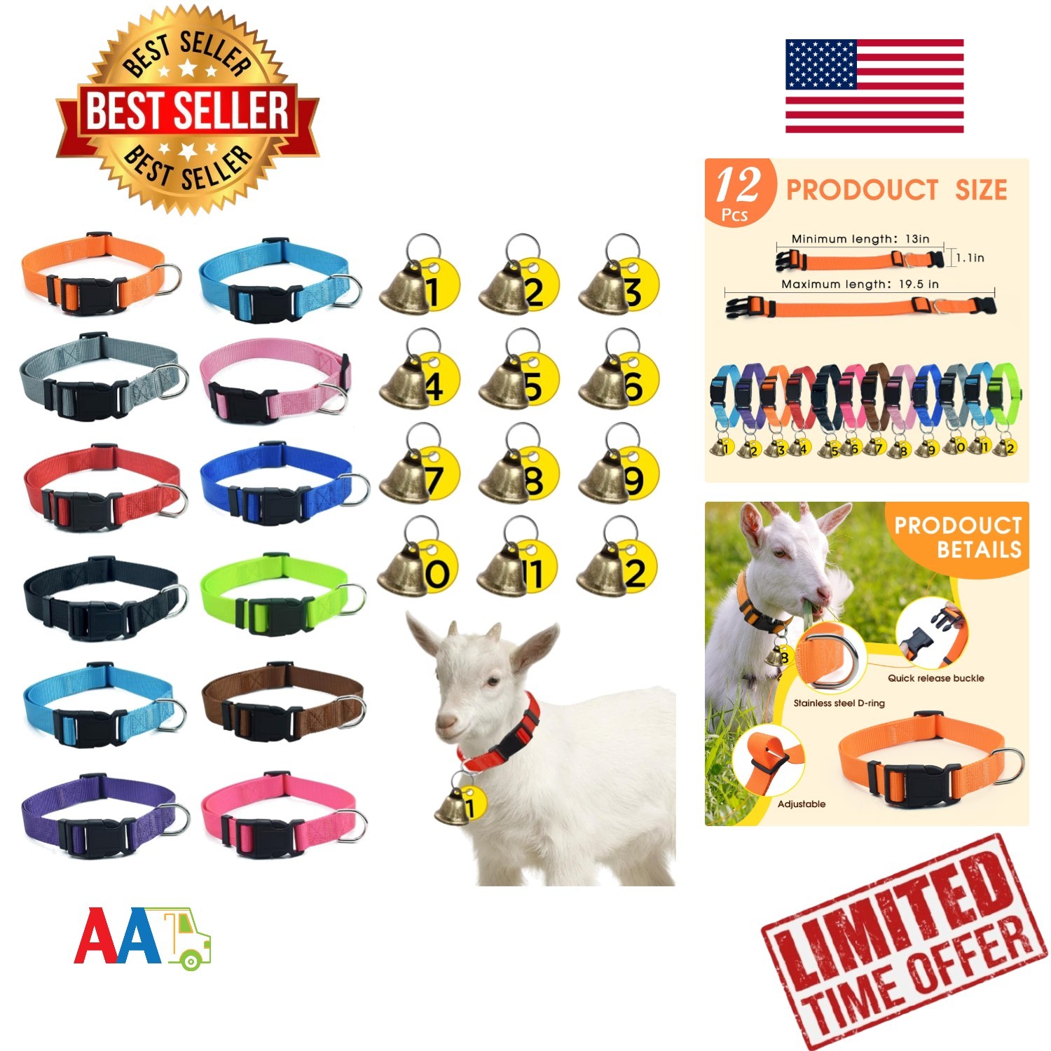 12 Pack Goat Collars with Bells, Adjustable Nylon Sheep Collar with Anti-Lost