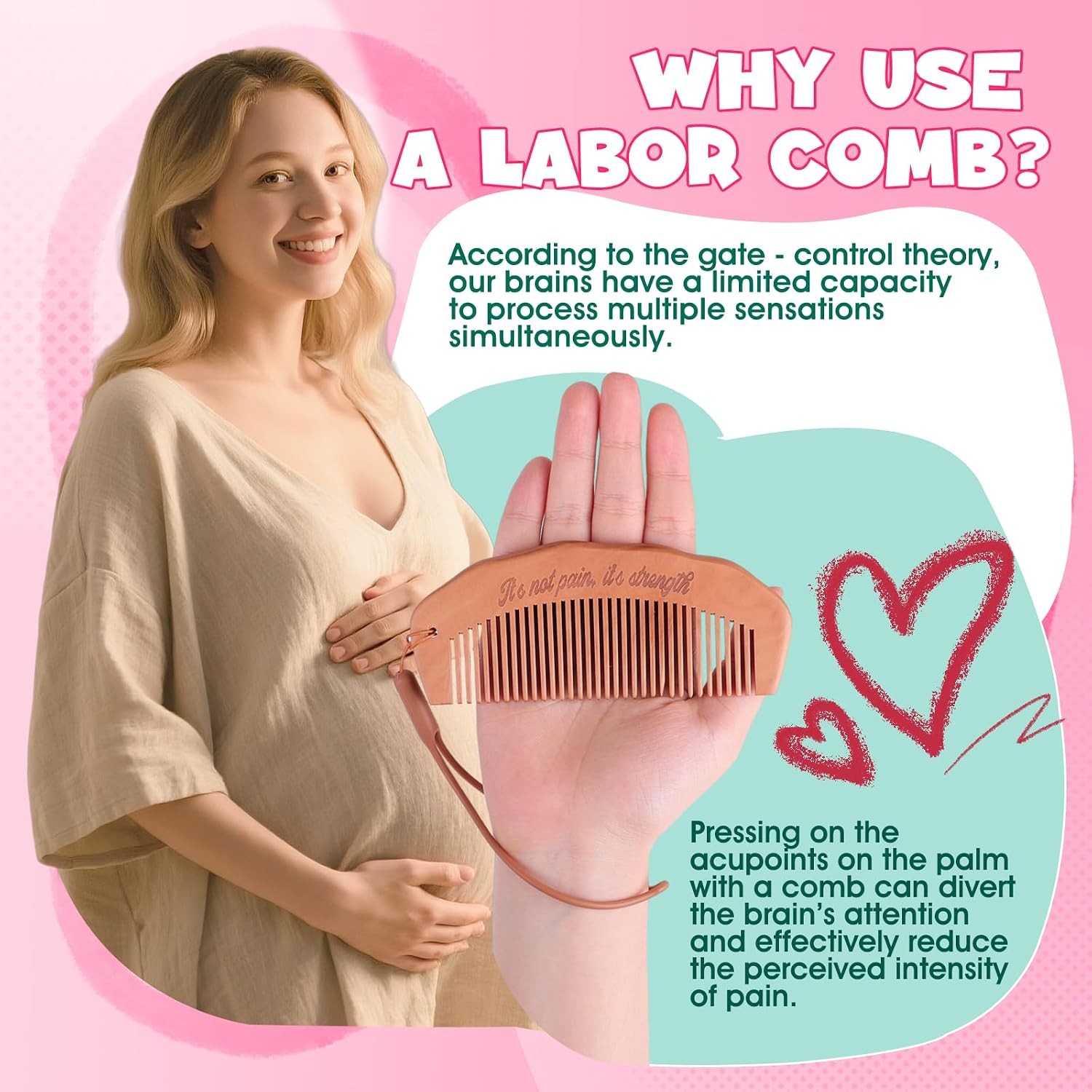 Wooden Birth Comb for Labor Pain Relief, Pregnancy Must Have, Gift for Mom
