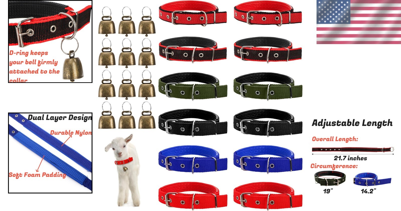 12 Pack Goat Collars with Bells, Adjustable Nylon Sheep Collar with Anti-Lost
