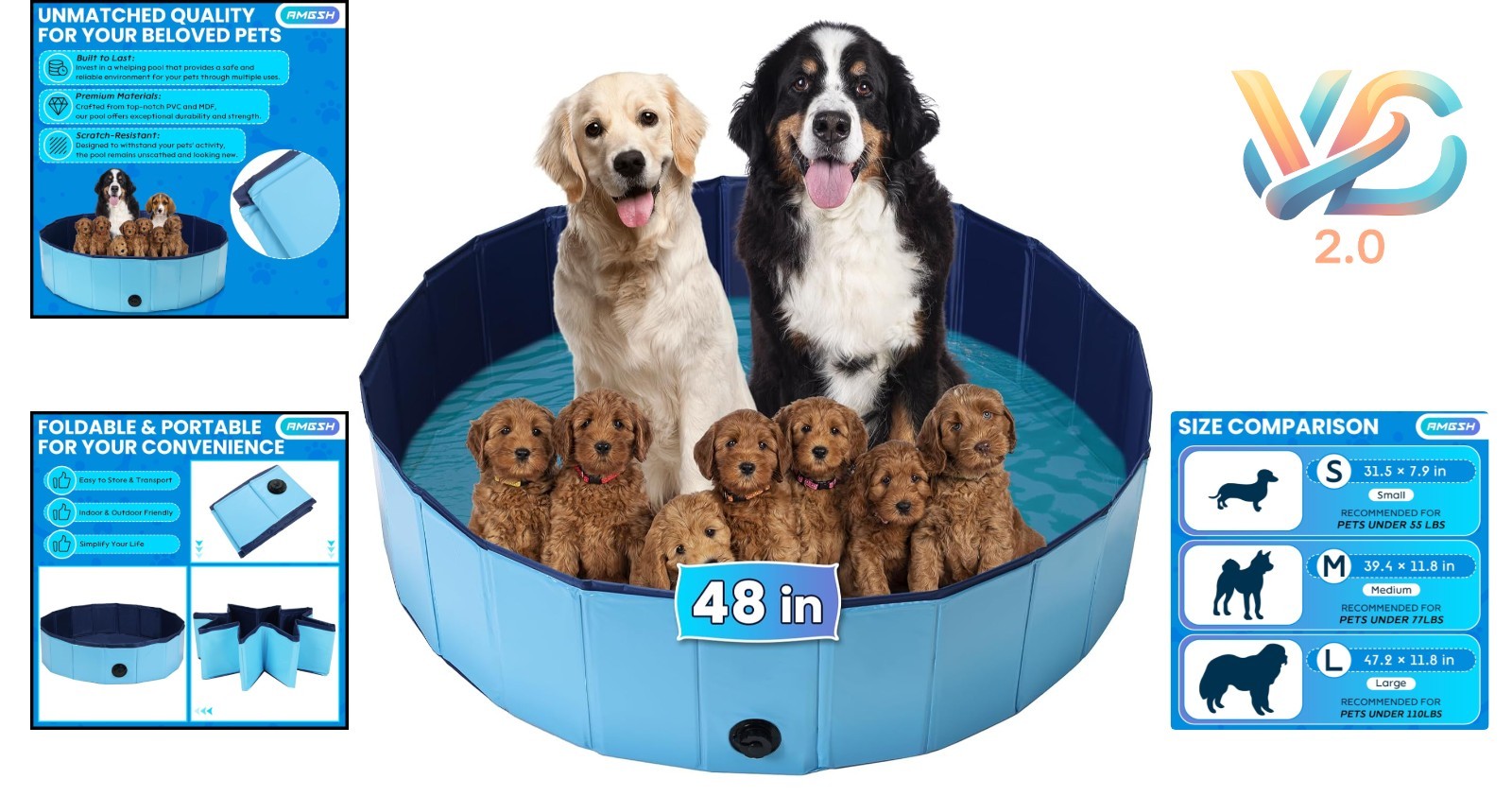 Large Dog Whelping Box 47.2Inch Foldable PVC Pool for Puppies Bath Tub