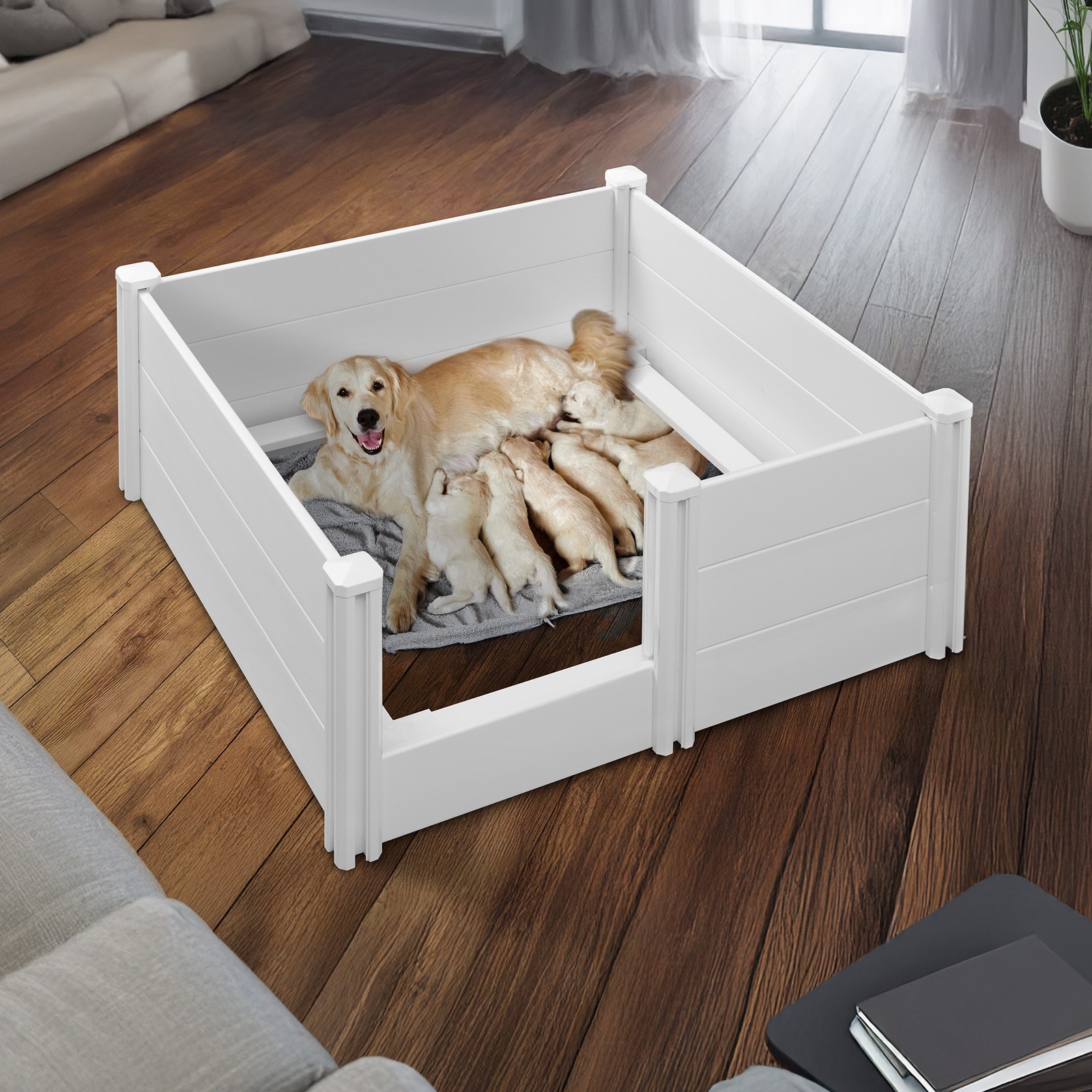 Dog Whelping Box with Rails, Large 48″ x 48″ x 18″ Heavy-Duty PVC Puppy Pen