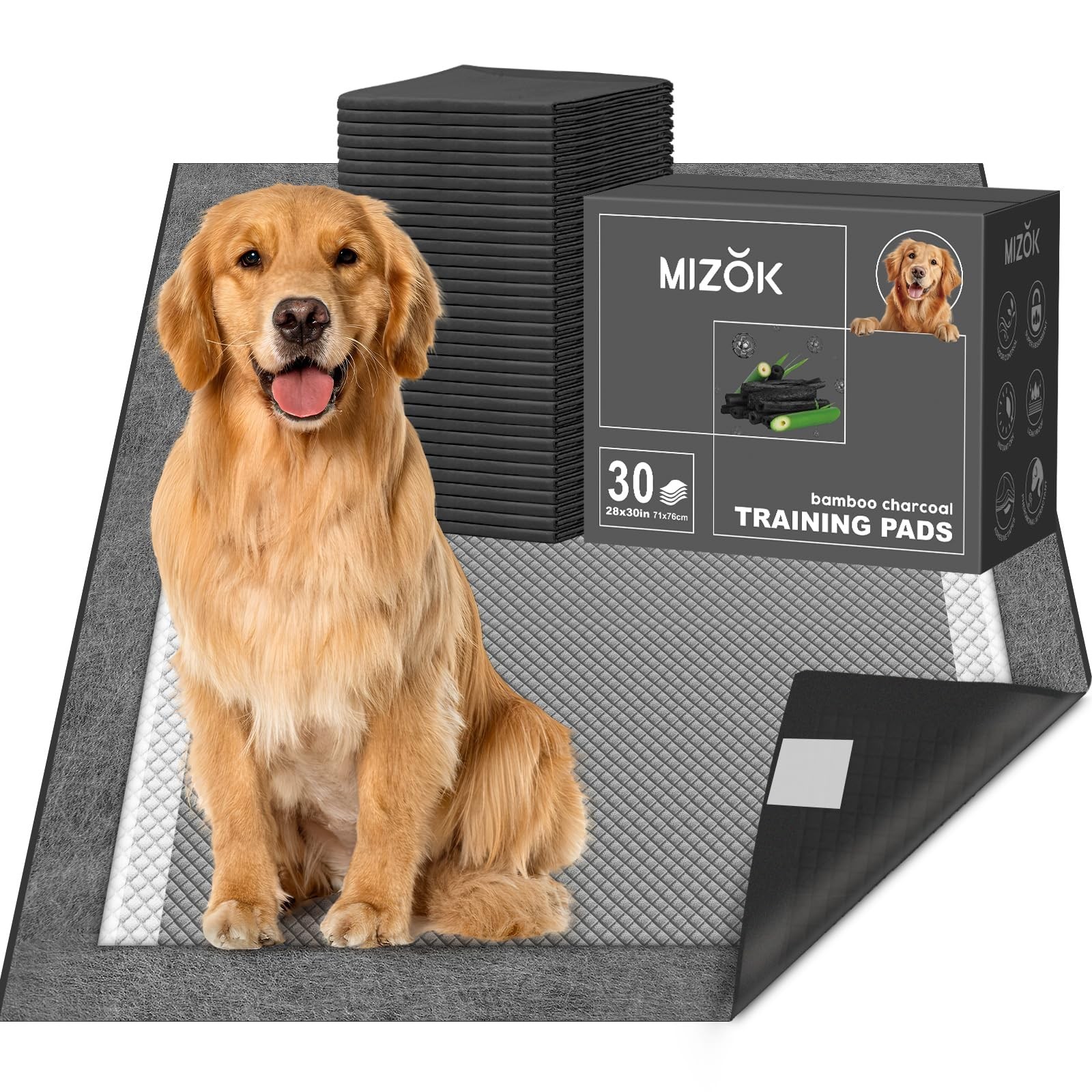 MIZOK Dog Pee Pads Charcoal, 28x30in Large Wee Wee Pads for Dogs, Superior Od…