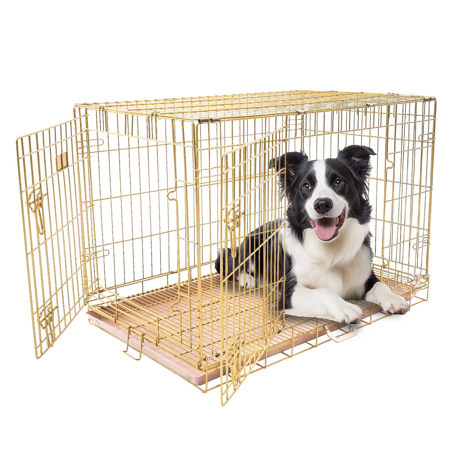 Homey Pet 42″ Gold Dog Crate Cage W/Tray, Portable Folding Metal Wire Dog Kennel