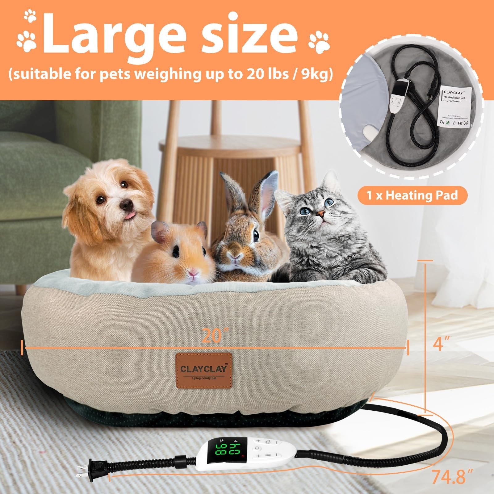 CLAYCLAY Heated Cat Bed, Round Heated Pet Bed for Indoor Cats, 20″ Cozy with …
