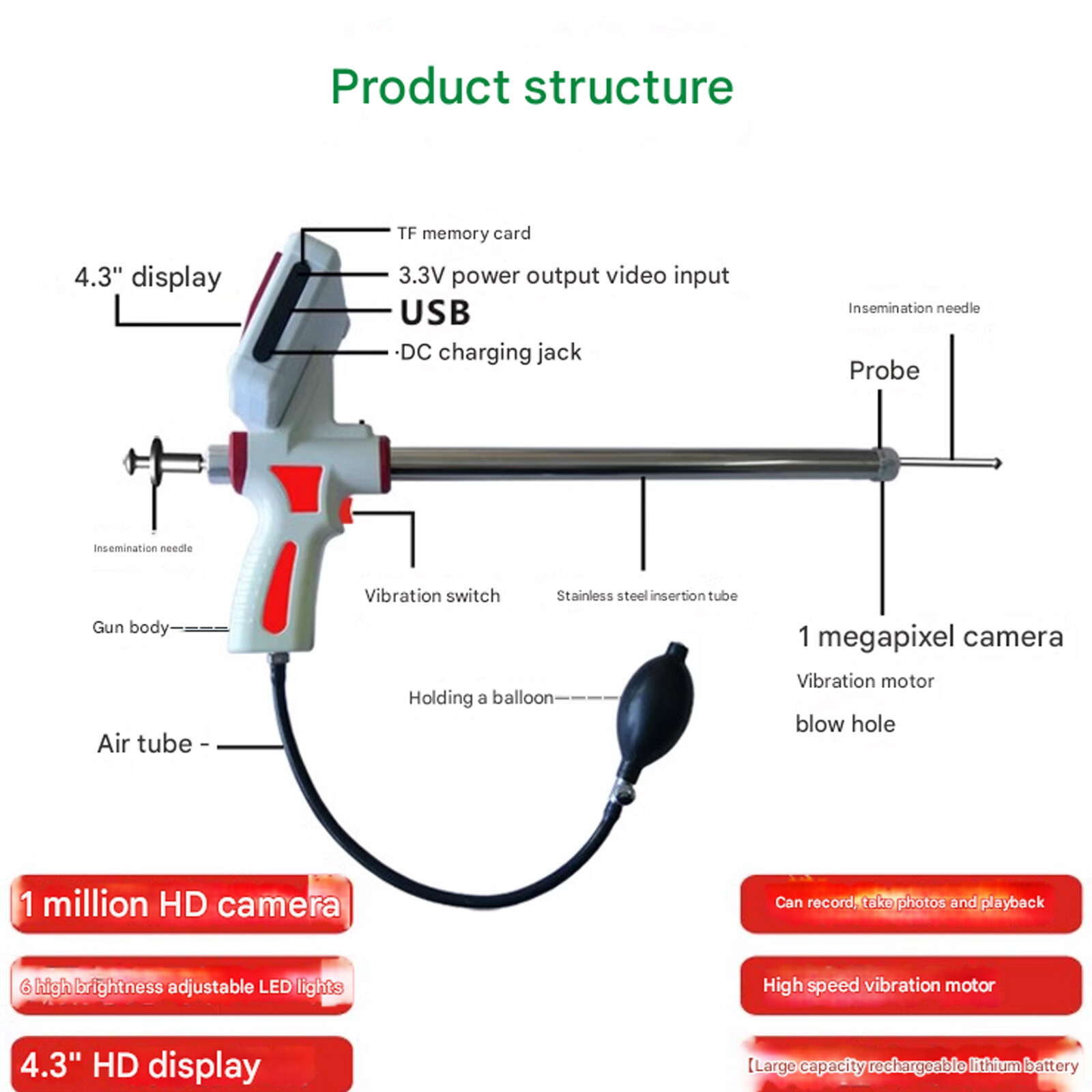 1MP Visible Artificial Insemination Gun Manual Pumping for Cattle/Horse/Sheep
